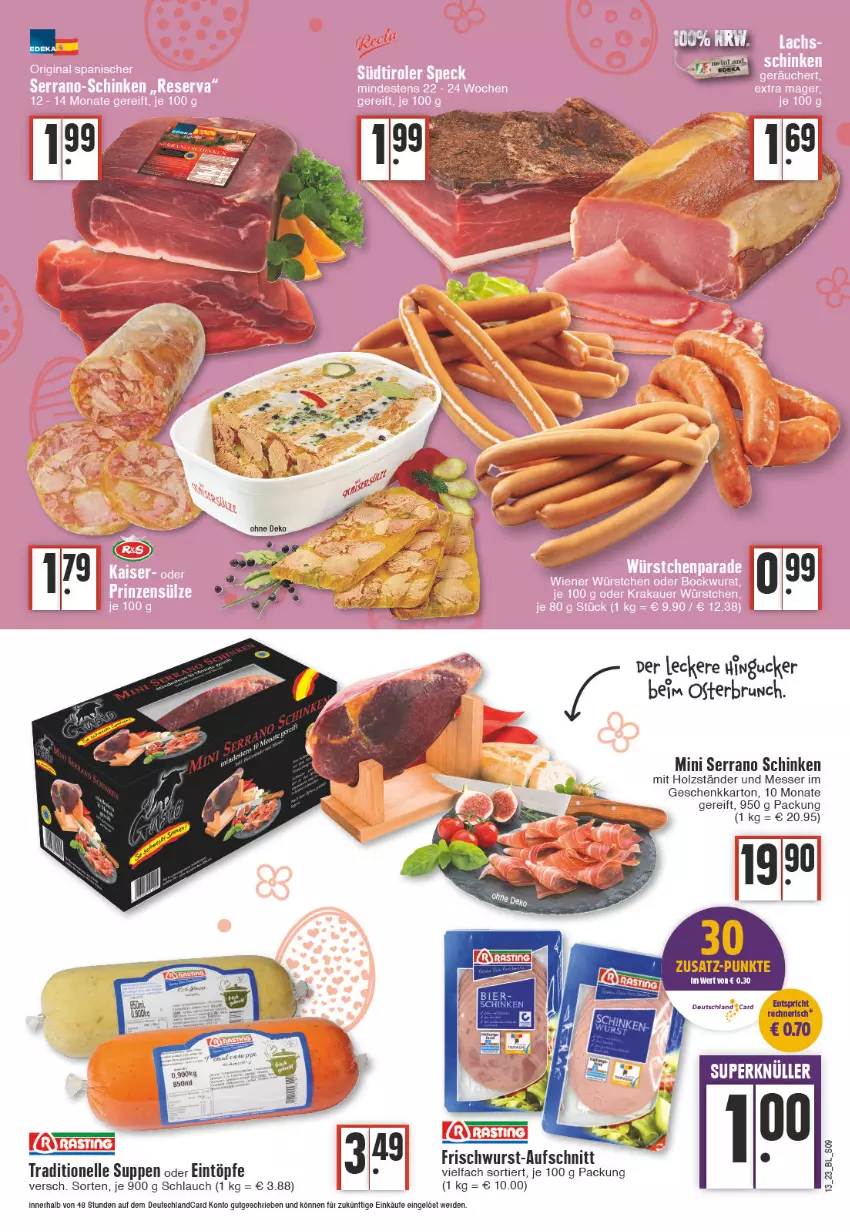 Aktueller Prospekt Edeka - Angebote der Woche - von 27.03 bis 01.04.2023 - strona 9 - produkty: aufschnitt, eintöpfe, elle, erde, frischwurst-aufschnitt, Holz, messer, schinken, schlauch, serrano, serrano schinken, suppe, suppen, Ti, wurst