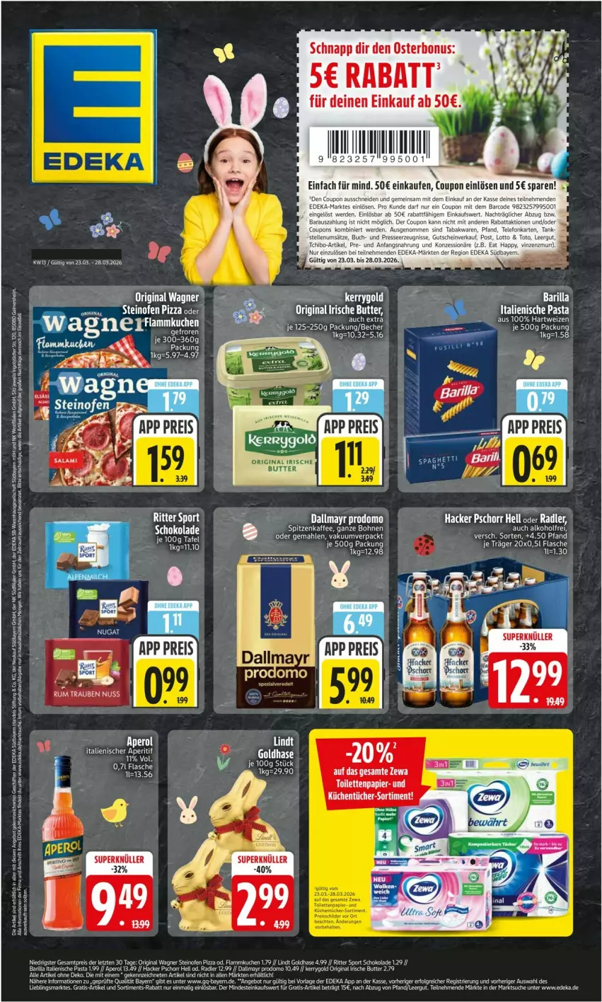 Aktueller Prospekt Edeka - Prospekte - von 23.03 bis 28.03.2026 - strona 1 - produkty: acer, Becher, bohne, bohnen, butter, coupon, coupons, dallmayr, dallmayr prodomo, deka, eier, erde, flammkuchen, gin, hartweizen, irische butter, italienische pasta, kaffee, küche, Küchen, kuchen, küchentücher, lamm, pasta, prodomo, radler, tee, Ti, tücher, zewa