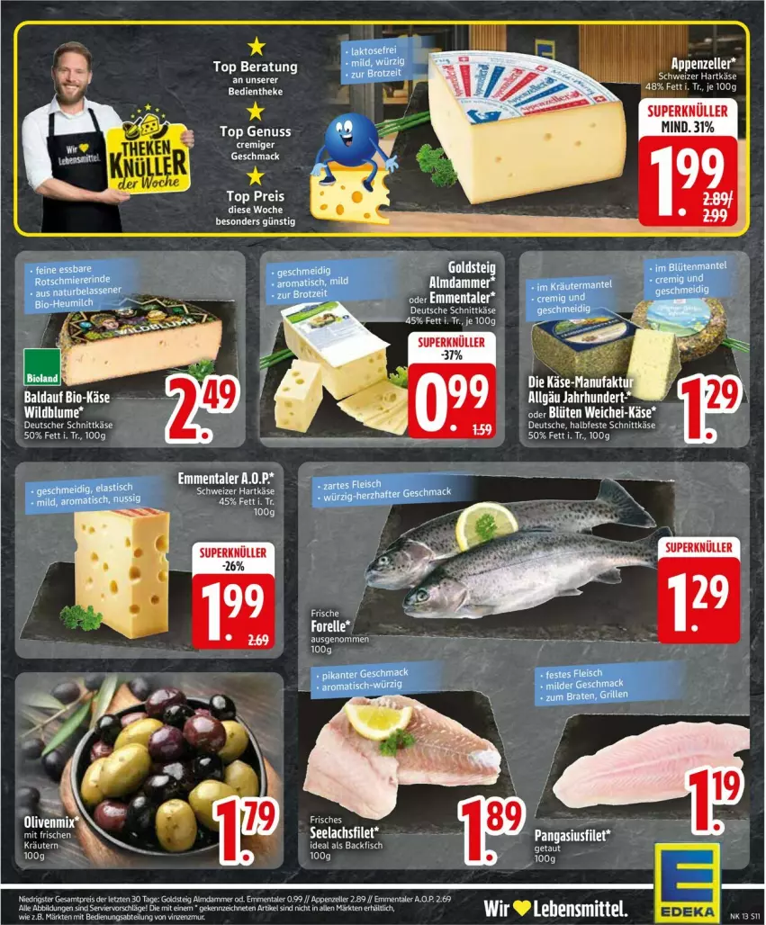 Aktueller Prospekt Edeka - Prospekte - von 23.03 bis 28.03.2026 - strona 13 - produkty: appenzeller, bio, Blüte, deutscher schnittkäse, eier, eis, elle, emmentaler, erde, filet, goldsteig, hartkäse, Käse, nuss, Pangasius, reis, schnittkäse, schweizer hartkäse, tee, ZTE