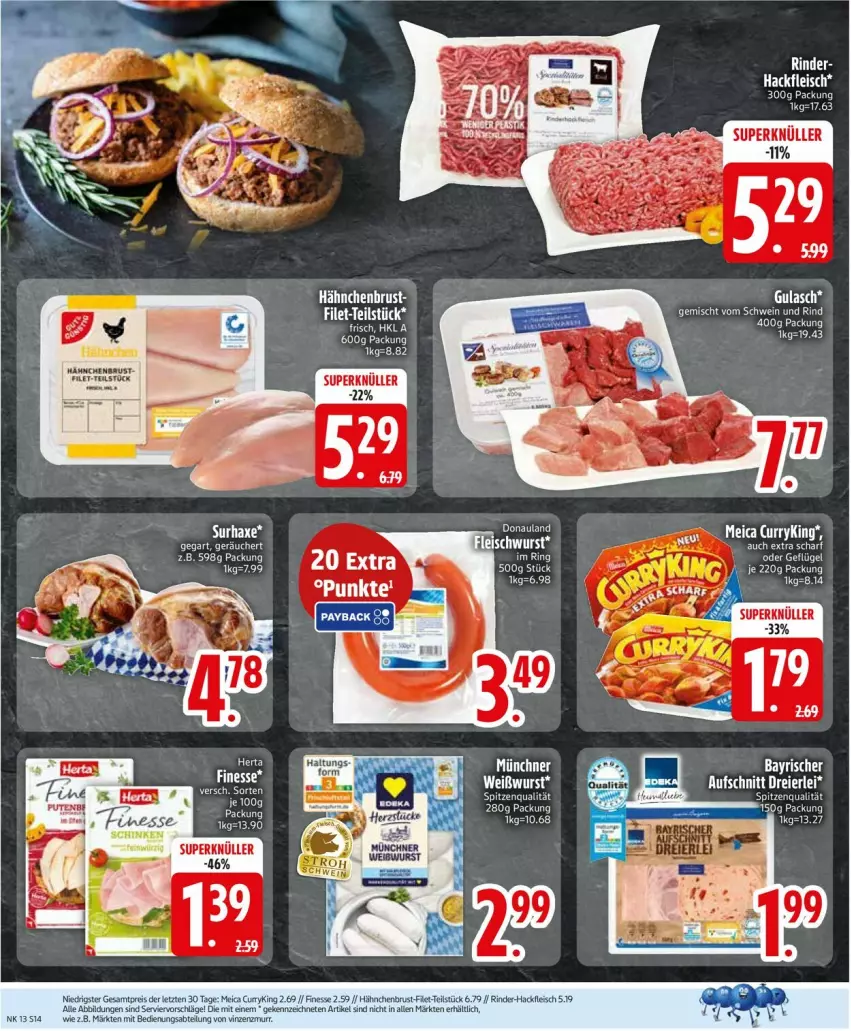 Aktueller Prospekt Edeka - Prospekte - von 23.03 bis 28.03.2026 - strona 16 - produkty: Abtei, aufschnitt, eier, eis, filet, finesse, fleisch, gulasch, hackfleisch, hähnchenbrust, meica, reis, rind, rinder, spitzenqualität, tee, Ti, Weißwurst, wurst, ZTE