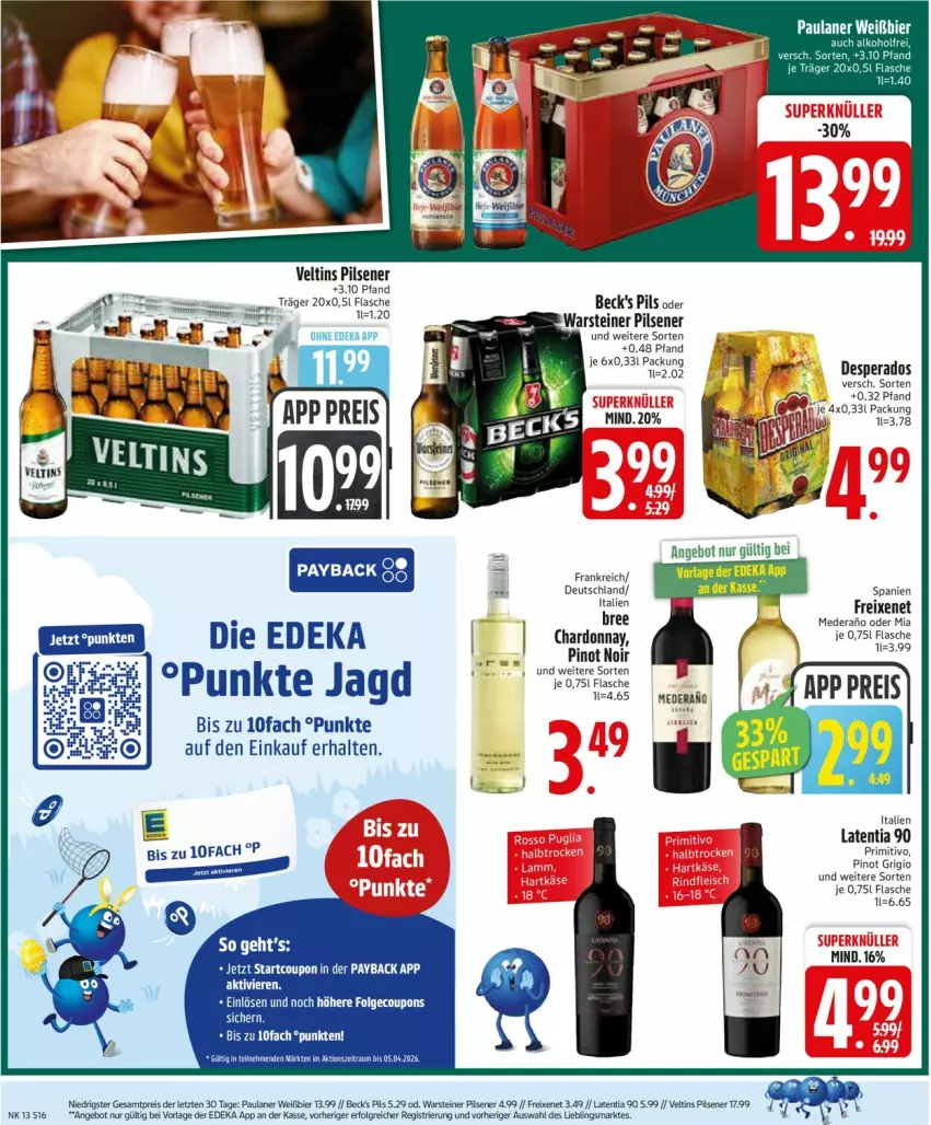 Aktueller Prospekt Edeka - Prospekte - von 23.03 bis 28.03.2026 - strona 18 - produkty: angebot, beck's, bier, bree, chardonnay, coupon, desperados, eis, flasche, freixenet, Paula, paulaner, payback, pils, pilsener, Pinot, pinot grigio, pinot noir, primitivo, reis, steiner, Ti, veltins, veltins pilsener, warsteiner