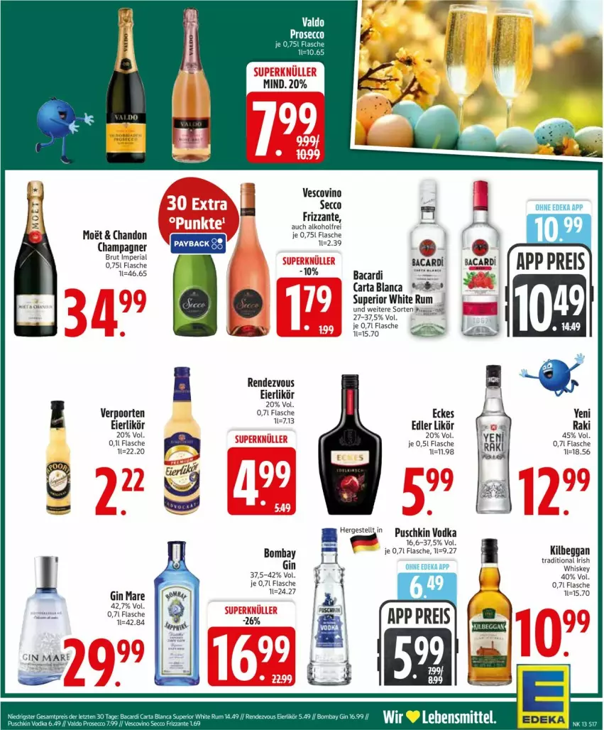 Aktueller Prospekt Edeka - Prospekte - von 23.03 bis 28.03.2026 - strona 19 - produkty: alkohol, bacardi, brut, champagne, champagner, deka, ecco, eier, eierlikör, eis, flasche, frizzante, gin, gin mare, kilbeggan, lebensmittel, likör, moet, puschkin vodka, reis, Ria, rum, Ti, verpoorten, vescovino, vodka, white rum
