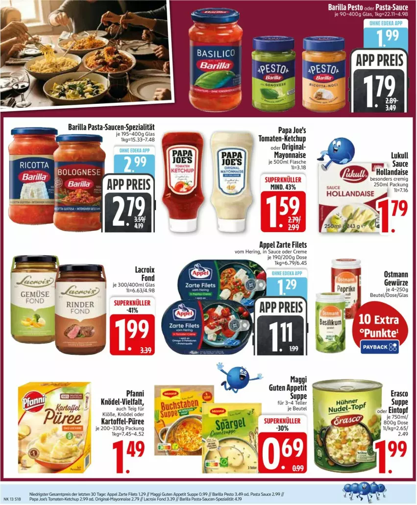 Aktueller Prospekt Edeka - Prospekte - von 23.03 bis 28.03.2026 - strona 20 - produkty: barilla, beutel, creme, deka, eis, elle, filet, filets, gewürz, gin, hering, kartoffel, ketchup, Knödel, lukull, maggi, mayonnaise, Papa Joe's, pasta, pasta-sauce, pfanni, püree, reis, ricotta, ring, sauce, saucen, Spezi, teller, tomate, tomaten, Yo