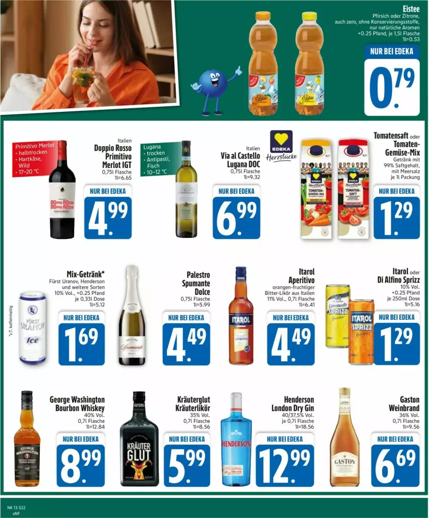 Aktueller Prospekt Edeka - Prospekte - von 23.03 bis 28.03.2026 - strona 24 - produkty: bourbon, bourbon whiskey, deka, dry gin, enders, flasche, frucht, getränk, gin, kräuter, kräuterlikör, likör, london dry, london dry gin, meersalz, merl, merlot, orange, orangen, primitivo, puma, saft, salz, Sprizz, spumante, Ti, tomate, tomaten, Tomatensaft, wein, weinbrand, whiskey
