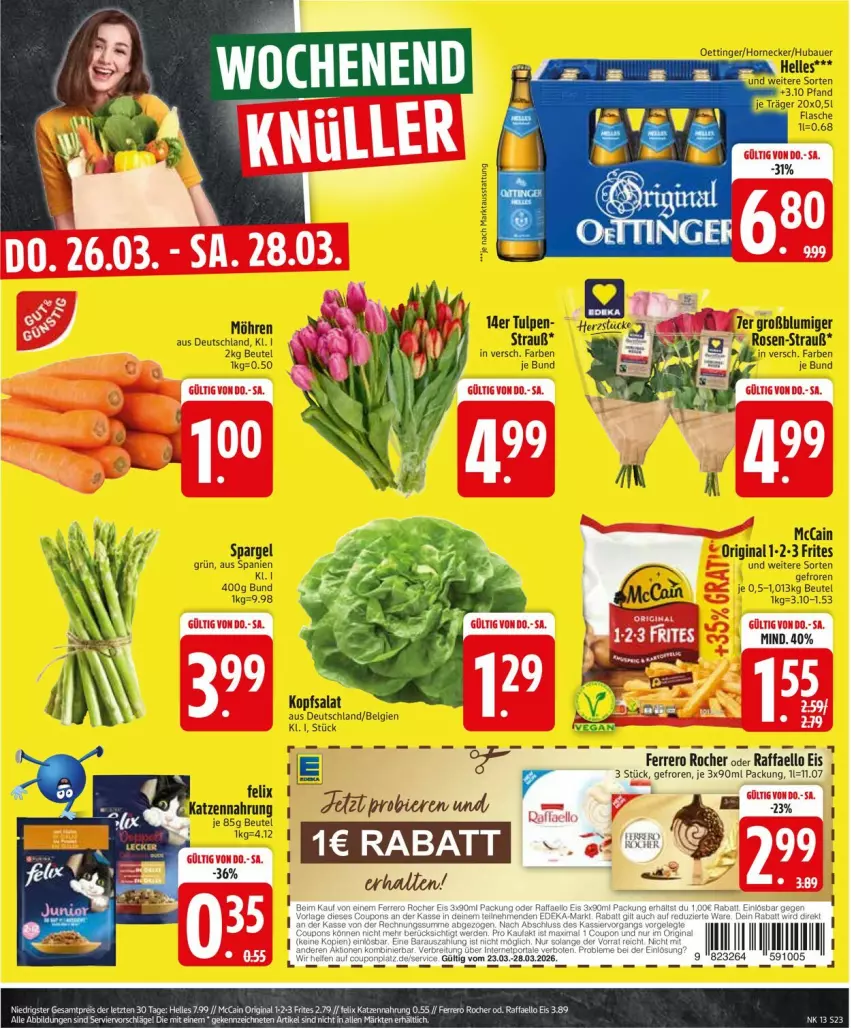 Aktueller Prospekt Edeka - Prospekte - von 23.03 bis 28.03.2026 - strona 25 - produkty: auer, Bau, Bauer, beutel, bier, Biere, eis, felix, ferrero, Ferrero Rocher, gin, LG, möhren, oettinger, raffaello, rosen, spargel, Ti