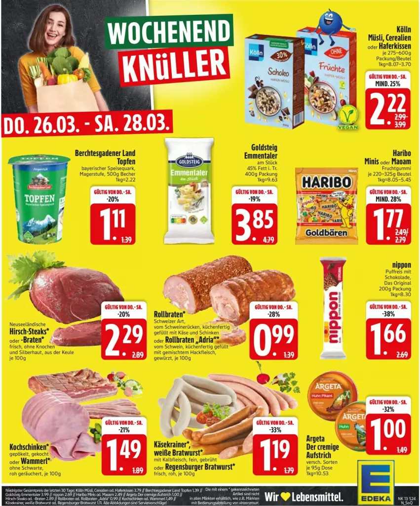 Aktueller Prospekt Edeka - Prospekte - von 23.03 bis 28.03.2026 - strona 26 - produkty: aufstrich, Becher, beutel, braten, bratwurst, burger, eis, emmentaler, fleisch, frucht, fruchtgummi, gewürz, goldsteig, hackfleisch, hafer, haribo, Kalbfleisch, Käse, kissen, kochschinken, küche, Küchen, maoam, merl, mit kalbfleisch, quark, regensburger, Ria, rollbraten, schinken, schwein, schweine, schweinerücken, speisequark, steak, steaks, Ti, wein, weine, wurst