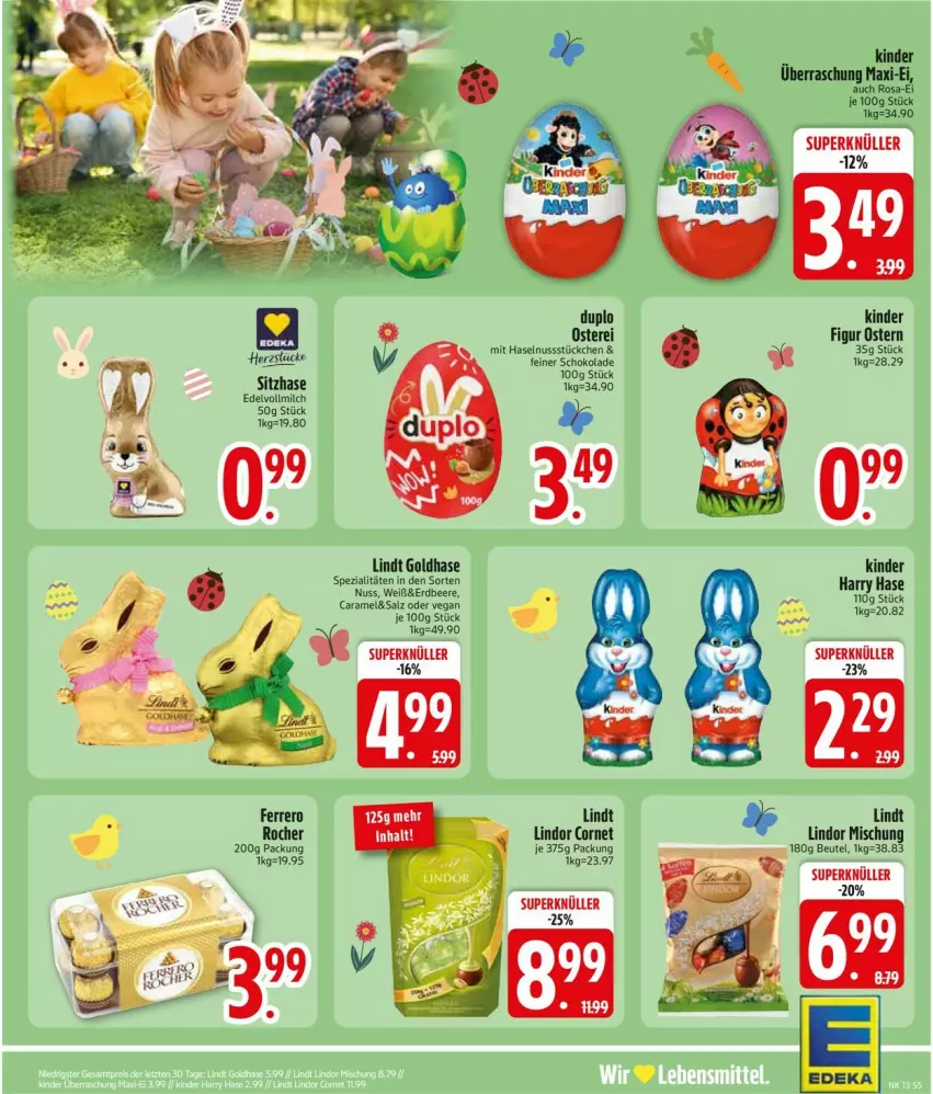 Aktueller Prospekt Edeka - Prospekte - von 23.03 bis 28.03.2026 - strona 7 - produkty: beere, beutel, caramel, duplo, erdbeere, ferrero, Ferrero Rocher, haselnuss, Kinder, lindor, lindt, milch, nuss, salz, schoko, schokolade, Spezi, vollmilch