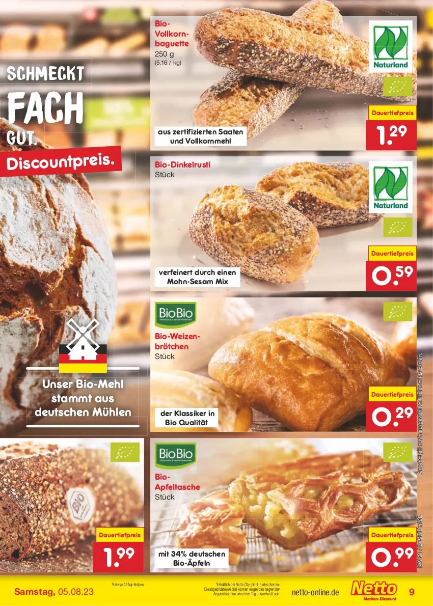 Aktueller Prospekt Netto Marken-Discount - Filial-Angebote - von 31.07 bis 05.08.2023 - strona 11 - produkty: angebot, apfel, Apfeltasche, auer, backofen, baguette, bestpreis, bio, brötchen, dauertiefpreis, discount, eis, korn, mehl, Ofen, reis, sesam, Tasche, Ti, tiefpreis, weizenbrötchen, ZTE