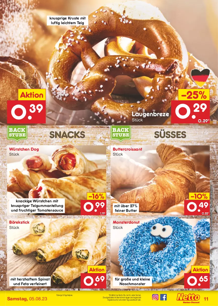 Aktueller Prospekt Netto Marken-Discount - Filial-Angebote - von 31.07 bis 05.08.2023 - strona 13 - produkty: angebot, backofen, bestpreis, butter, Croissant, Donut, eis, feta, frucht, leine, Mantel, monster, Ofen, reis, sauce, spinat, Ti, tomate, tomaten, tomatensauce, würstchen, ZTE