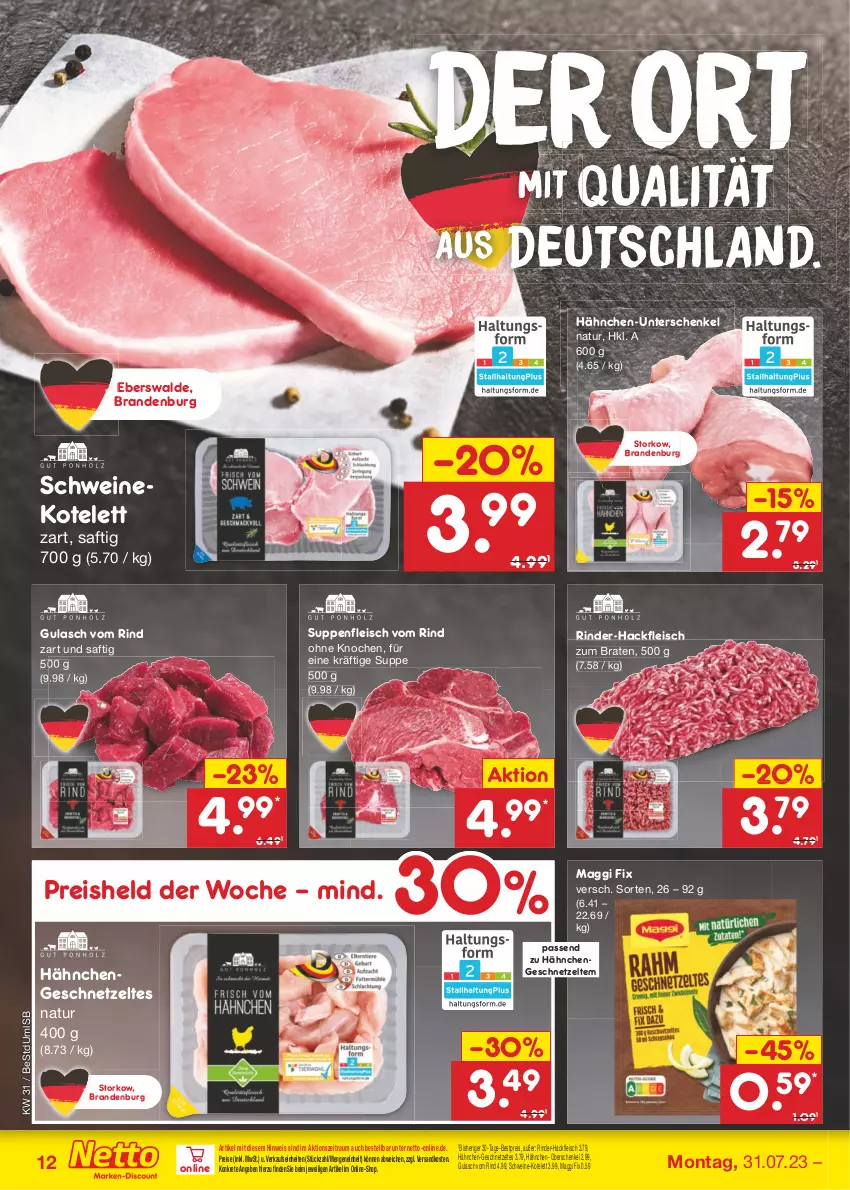 Aktueller Prospekt Netto Marken-Discount - Filial-Angebote - von 31.07 bis 05.08.2023 - strona 14 - produkty: bestpreis, braten, eis, fleisch, geschnetzeltes, gulasch, hackfleisch, Hähnchengeschnetzeltes, henkel, kotelett, maggi, maggi fix, natur, ndk, reis, rind, rinder, rinder-hackfleisch, saft, schenkel, schwein, schweine, schweinekotelett, suppe, suppen, suppenfleisch, Ti, wein, weine, Zelt