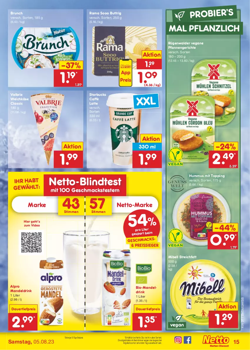 Aktueller Prospekt Netto Marken-Discount - Filial-Angebote - von 31.07 bis 05.08.2023 - strona 17 - produkty: alpro, angebot, auer, bestpreis, bier, bio, brie, caffè latte, dauertiefpreis, deo, drink, eis, hummus, Käse, latte, lindt, mac, mandel, Mandeldrink, pfanne, pfannen, rama, reis, reiss, rügenwalder, starbucks, Ti, tiefpreis, weichkäse, ZTE