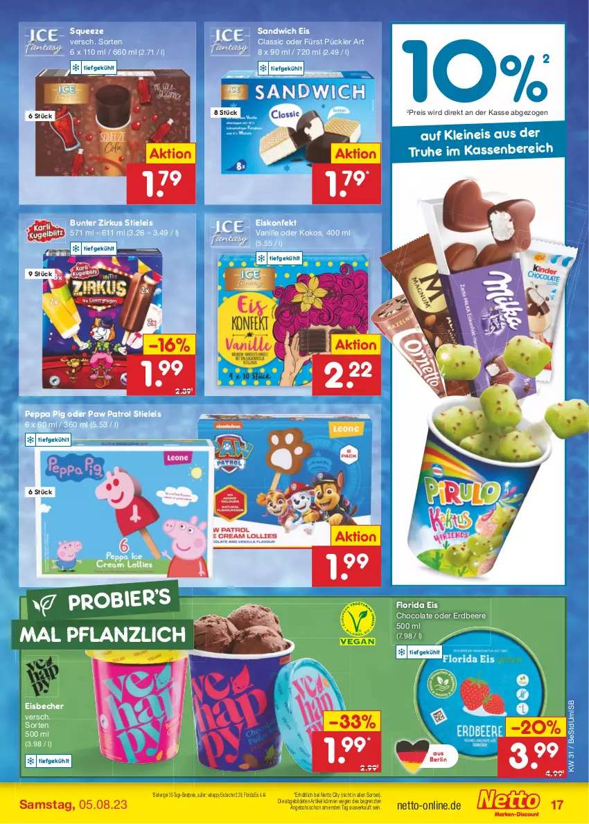 Aktueller Prospekt Netto Marken-Discount - Filial-Angebote - von 31.07 bis 05.08.2023 - strona 19 - produkty: angebot, Becher, beere, bestpreis, bier, cola, eis, eisbecher, eiskonfekt, erdbeere, kokos, leine, Paw Patrol, Peppa Pig, reis, sandwich, stieleis, Ti, vanille, ZTE