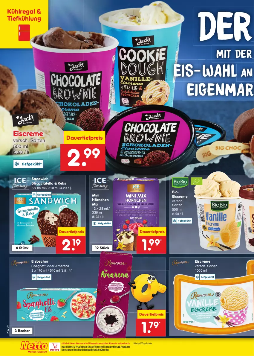 Aktueller Prospekt Netto Marken-Discount - Filial-Angebote - von 31.07 bis 05.08.2023 - strona 20 - produkty: ACC, auer, Becher, bestpreis, bio, creme, dauertiefpreis, eis, eisbecher, eiscreme, hörnchen, keks, kühlregal, ndk, regal, reis, sandwich, spaghetti, Ti, tiefpreis