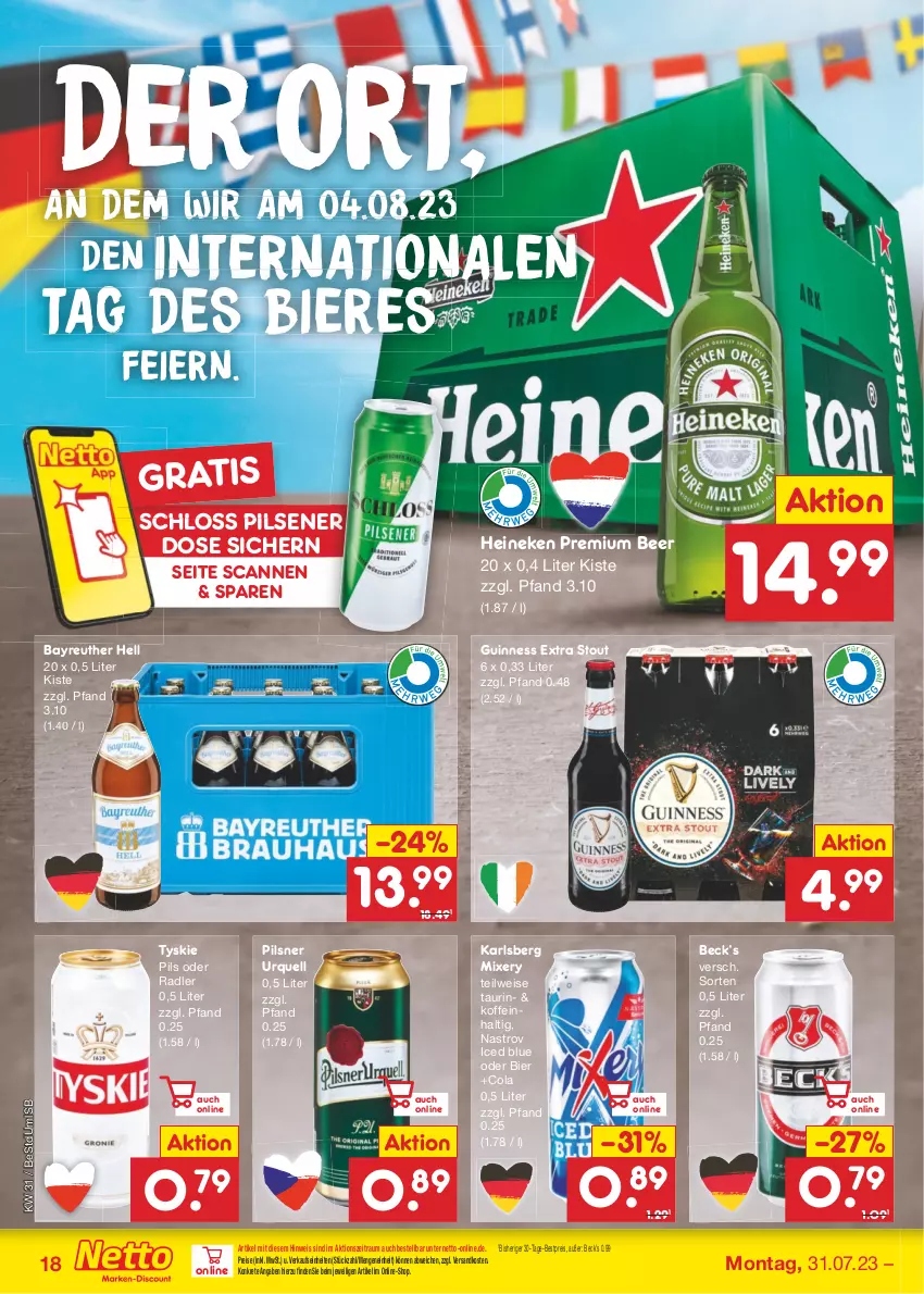 Aktueller Prospekt Netto Marken-Discount - Filial-Angebote - von 31.07 bis 05.08.2023 - strona 22 - produkty: bestpreis, bier, Biere, cola, eier, eis, Guinness, heineken, karlsberg, karlsberg mixery, Mixer, mixery, ndk, oder radler, pils, pilsener, pilsner, pilsner urquell, radler, reis, Ti, tyskie