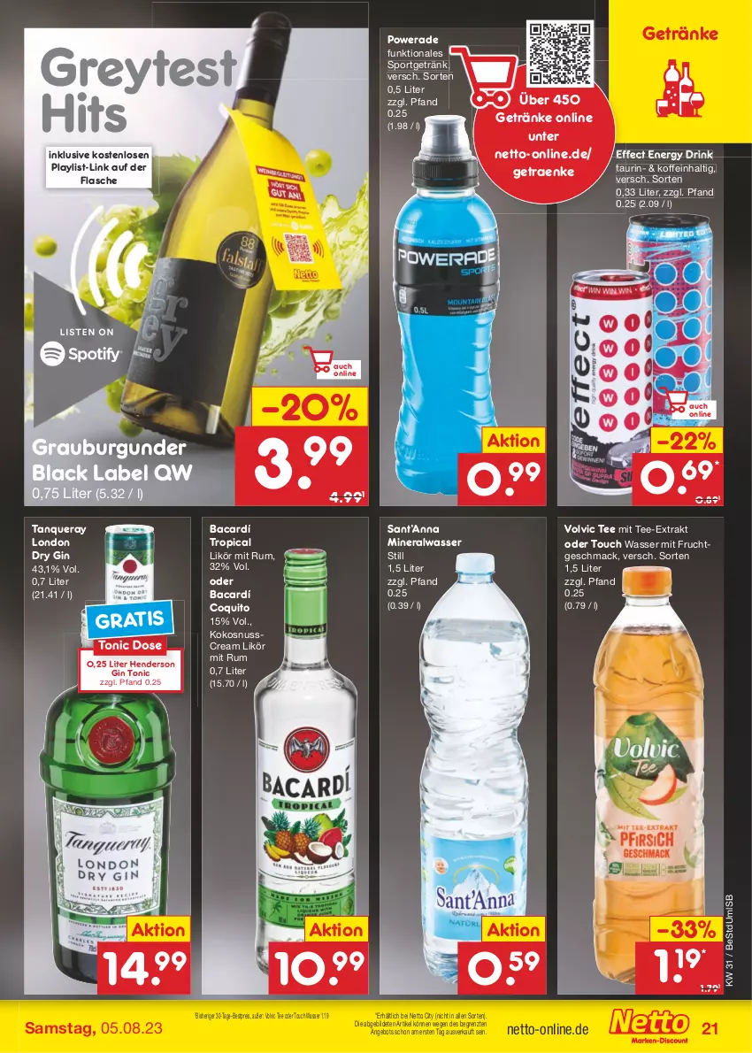 Aktueller Prospekt Netto Marken-Discount - Filial-Angebote - von 31.07 bis 05.08.2023 - strona 25 - produkty: Alwa, angebot, bestpreis, black label, burgunder, drink, dry gin, Effect, eis, enders, energy drink, flasche, frucht, getränk, getränke, gin, grauburgunder, kokos, kokosnuss, lack, likör, london dry, london dry gin, mac, mineralwasser, mit frucht, nuss, reis, rum, Sport, Tanqueray, tee, Ti, tonic, volvic, wasser, ZTE