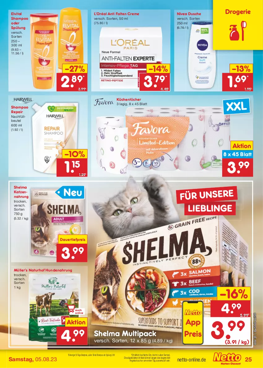 Aktueller Prospekt Netto Marken-Discount - Filial-Angebote - von 31.07 bis 05.08.2023 - strona 29 - produkty: angebot, auer, bestpreis, beutel, creme, dauertiefpreis, dusche, eis, elvital, hundenahrung, katzennahrung, küche, Küchen, küchentücher, Müller, natur, nivea, reis, shampoo, shampoo oder spülung, spülung, Ti, tiefpreis, tücher, vita, ZTE