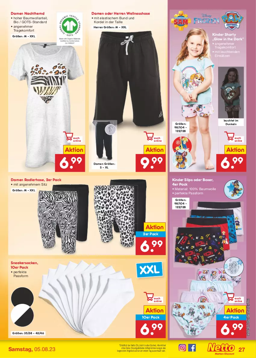 Aktueller Prospekt Netto Marken-Discount - Filial-Angebote - von 31.07 bis 05.08.2023 - strona 31 - produkty: angebot, asti, Bau, baumwolle, bio, hemd, hose, Kinder, Leuchte, leuchten, Nachthemd, radler, Ria, shorty, slip, slips, sneaker, sneakersocken, socken, Ti, tisch, wolle, ZTE