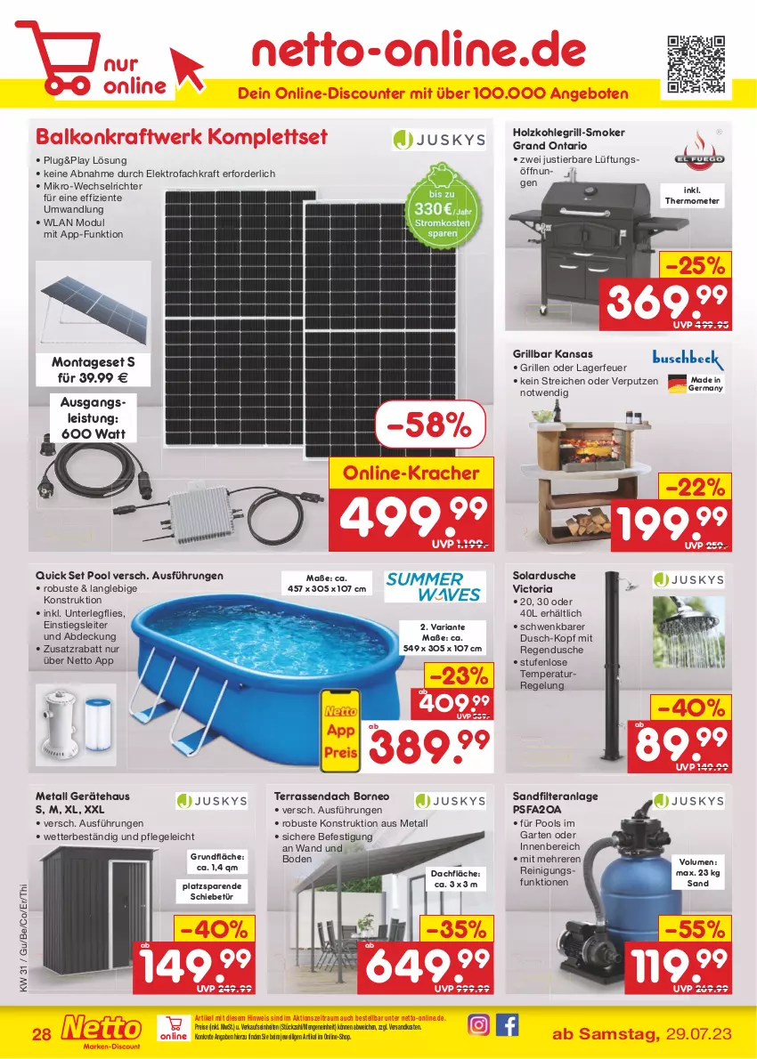 Aktueller Prospekt Netto Marken-Discount - Filial-Angebote - von 31.07 bis 05.08.2023 - strona 32 - produkty: angebot, angebote, discount, dusche, eis, Elektro, ente, Garten, Germ, grill, Holz, holzkohle, holzkohlegrill, Kohlegrill, kracher, kraft, ndk, pool, Reinigung, reis, Ria, sandfilteranlage, Stier, thermometer, Ti