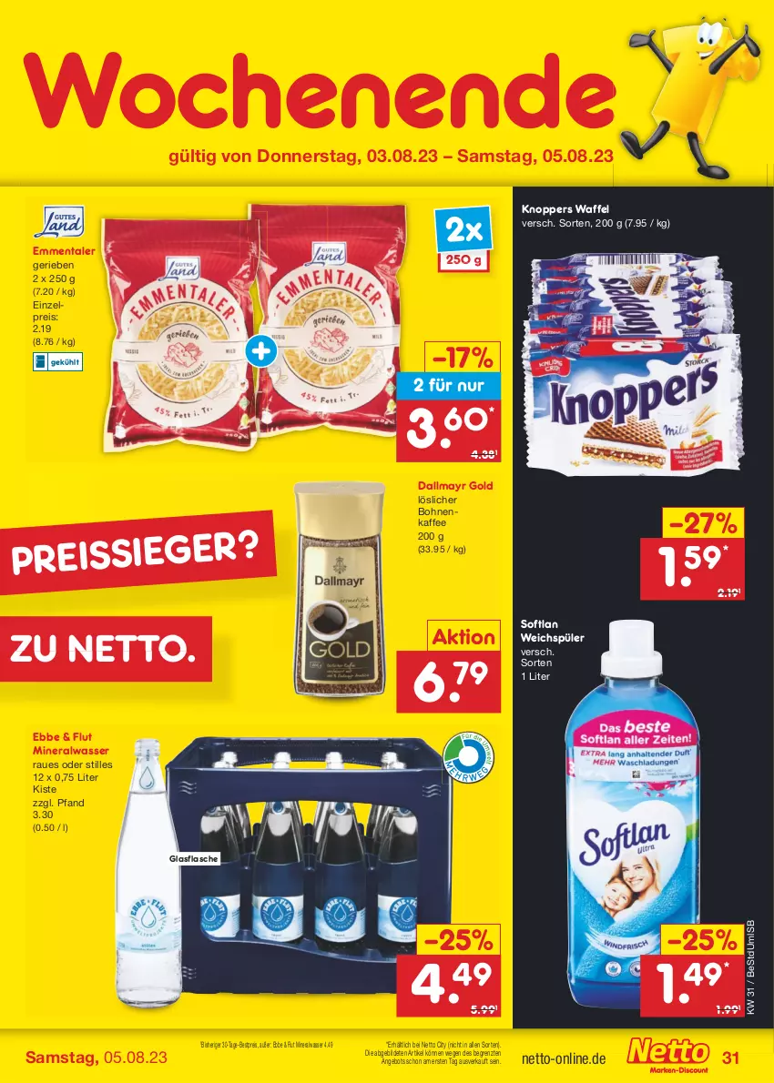 Aktueller Prospekt Netto Marken-Discount - Filial-Angebote - von 31.07 bis 05.08.2023 - strona 35 - produkty: Alwa, angebot, bestpreis, bohne, bohnen, bohnenkaffee, dallmayr, dallmayr gold, eis, emmentaler, flasche, glasflasche, kaffee, knoppers, löslicher bohnenkaffee, mineralwasser, reis, reiss, Softlan, Ti, wasser, weichspüler, ZTE