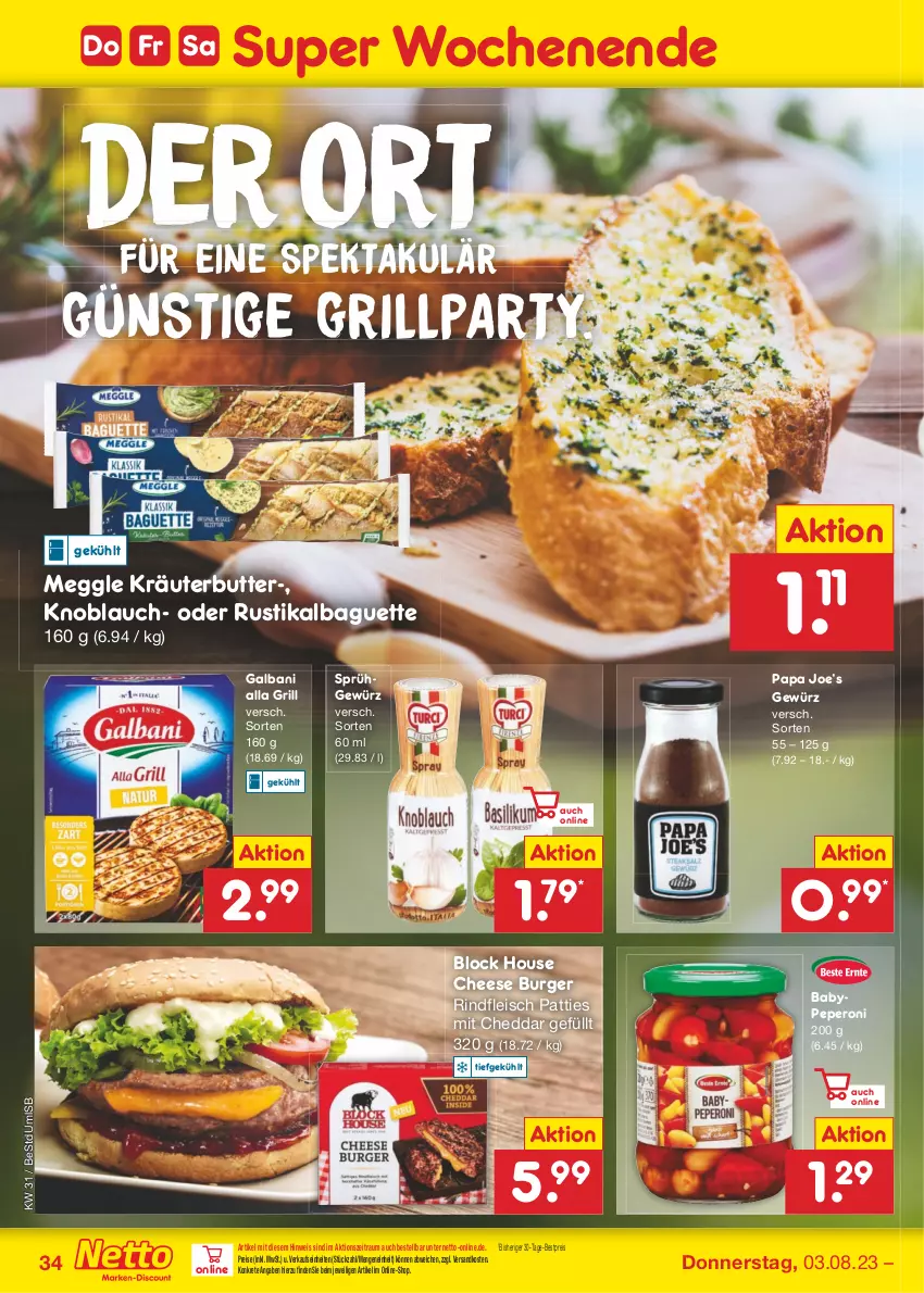 Aktueller Prospekt Netto Marken-Discount - Filial-Angebote - von 31.07 bis 05.08.2023 - strona 38 - produkty: baguette, bestpreis, burger, butter, cheddar, eis, fleisch, galbani, gewürz, grill, knoblauch, kräuter, kräuterbutter, meggle, ndk, peperoni, Peroni, reis, rind, rindfleisch, Ti