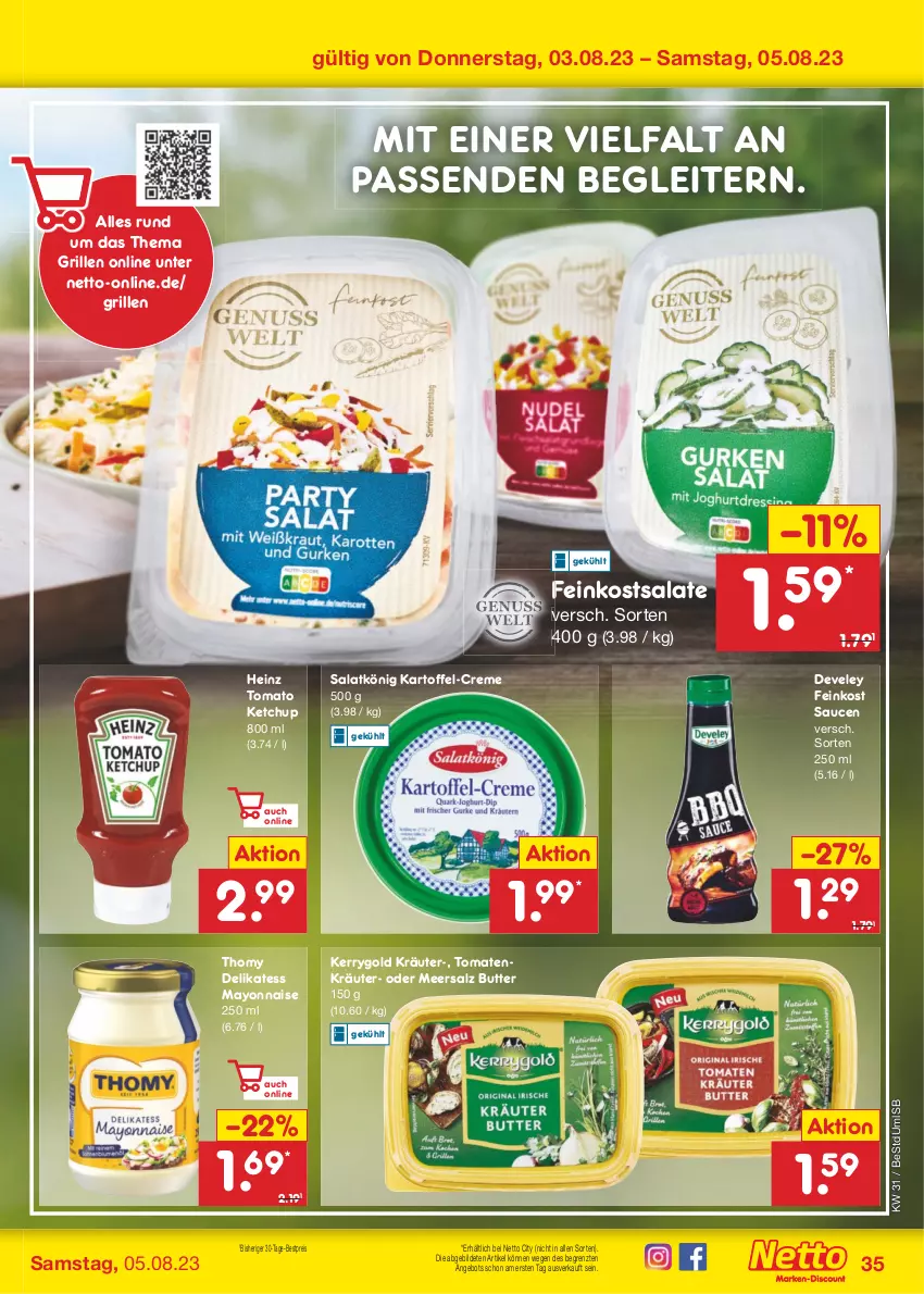 Aktueller Prospekt Netto Marken-Discount - Filial-Angebote - von 31.07 bis 05.08.2023 - strona 39 - produkty: angebot, bestpreis, butter, creme, develey, eis, feinkost, feinkostsalate, grill, heinz, kartoffel, kerrygold, ketchup, kräuter, mayonnaise, meersalz, reis, salat, salate, salz, sauce, saucen, thomy, Ti, tomate, tomaten, tomato ketchup, Yo, ZTE