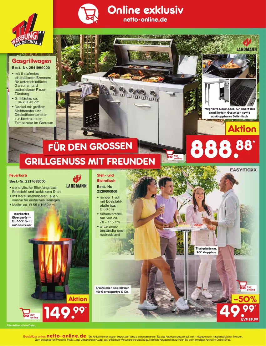 Aktueller Prospekt Netto Marken-Discount - Filial-Angebote - von 31.07 bis 05.08.2023 - strona 48 - produkty: angebot, batterie, beistelltisch, Bistrotisch, decke, Deckel, edelstahl, eis, fenster, Feuerkorb, garraum, Garten, gasgrill, grill, grillfläche, grillrost, HP, korb, lack, latte, LG, ndk, nuss, reis, thermometer, Ti, tisch, tischplatte, Wanne, ZTE