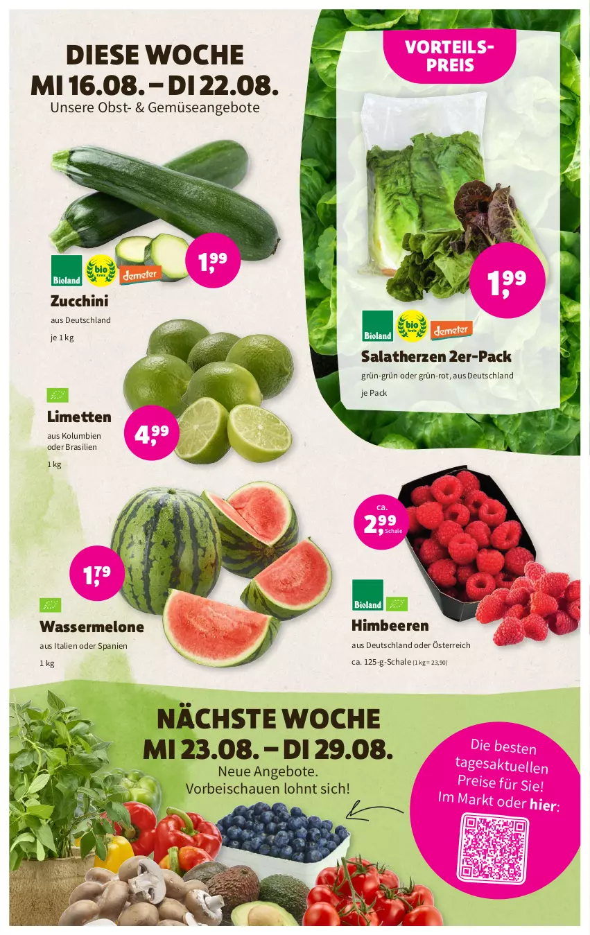 Aktueller Prospekt Denns Biomarkt - Prospekte - von 16.08 bis 29.08.2023 - strona 3 - produkty: angebot, angebote, beere, beeren, eis, elle, himbeer, himbeere, himbeeren, limette, limetten, melone, Mett, metten, obst, reis, salat, salatherzen, Schal, Schale, vorteilspreis, wasser, wassermelone, zucchini