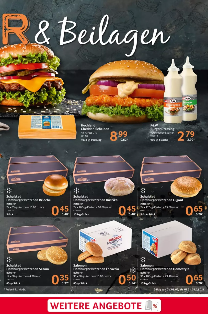 Aktueller Prospekt Selgros - Gastronomie - von 08.02 bis 21.02.2024 - strona 3 - produkty: ACC, brötchen, burger, cheddar, dressing, flasche, Focaccia, hamburger, hamburger brötchen, salomon, sesam, Ti