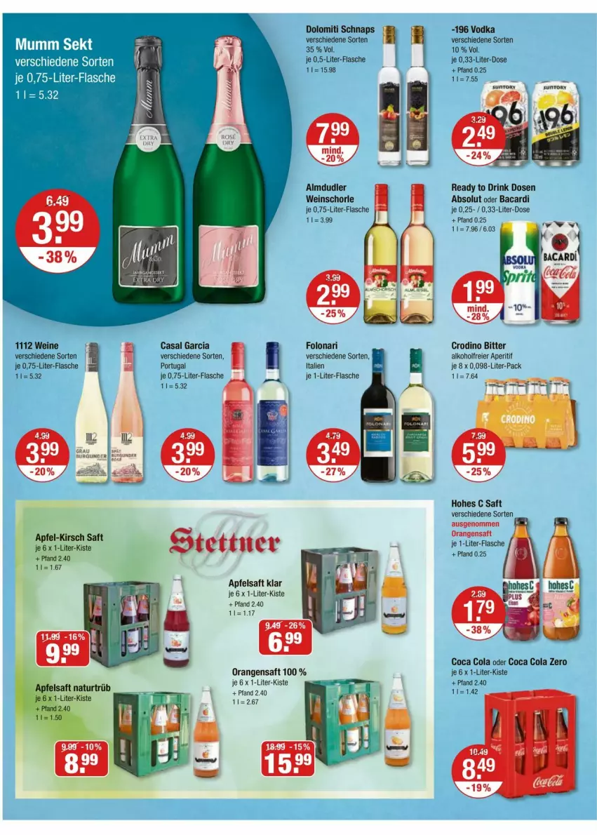 Aktueller Prospekt Vmarkt - Prospekte - von 25.09 bis 01.10.2025 - strona 10 - produkty: alkohol, almdudler, aperitif, apfel, apfelsaft, bacardi, casal garcia, cola, drink, Drink Dose, flasche, Hohes C, je 1-liter-flasche, kirsch, mumm, natur, orange, orangen, orangensaft, saft, schorle, sekt, Ti, vodka, wein, weine, weinschorle