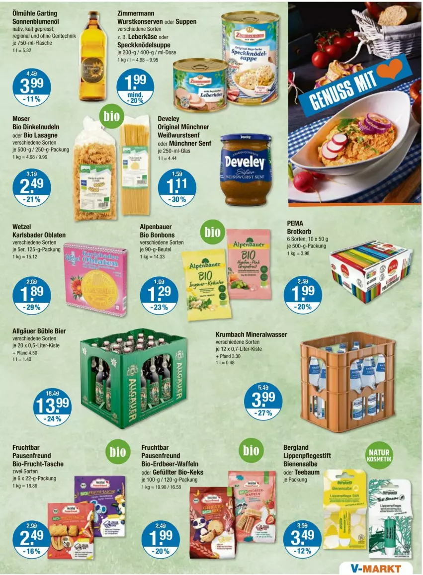 Aktueller Prospekt Vmarkt - Prospekte - von 25.09 bis 01.10.2025 - strona 13 - produkty: Alwa, auer, Bad, Bau, Bauer, beutel, bier, bio, blume, blumen, blumenöl, bonbons, develey, ente, flasche, frucht, gin, Käse, keks, Knödel, Konserven, krumbach, lasagne, leberkäs, leberkäse, LG, Lippenpflege, mineralwasser, moser, nudel, nudeln, Oblaten, rum, senf, sonnenblume, sonnenblumen, sonnenblumenöl, Speck, suppe, suppen, Tasche, tee, Ti, waffeln, wasser, Weißwurst, wurst, wurstkonserven