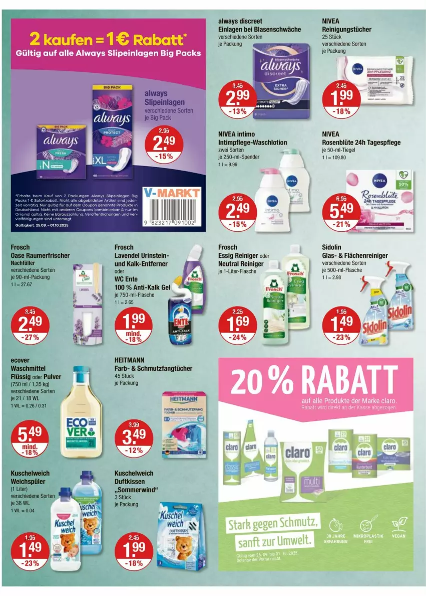 Aktueller Prospekt Vmarkt - Prospekte - von 25.09 bis 01.10.2025 - strona 14 - produkty: Alwa, Always, Blüte, Discreet, ente, essig, Fangtücher, flasche, Frosch, heitmann, je 1-liter-flasche, je 500-ml-flasche, lavendel, Lotion, nivea, reiniger, Reinigung, reinigungstücher, rosen, sidolin, Tagespflege, Ti, tücher, Waschlotion, wc ente