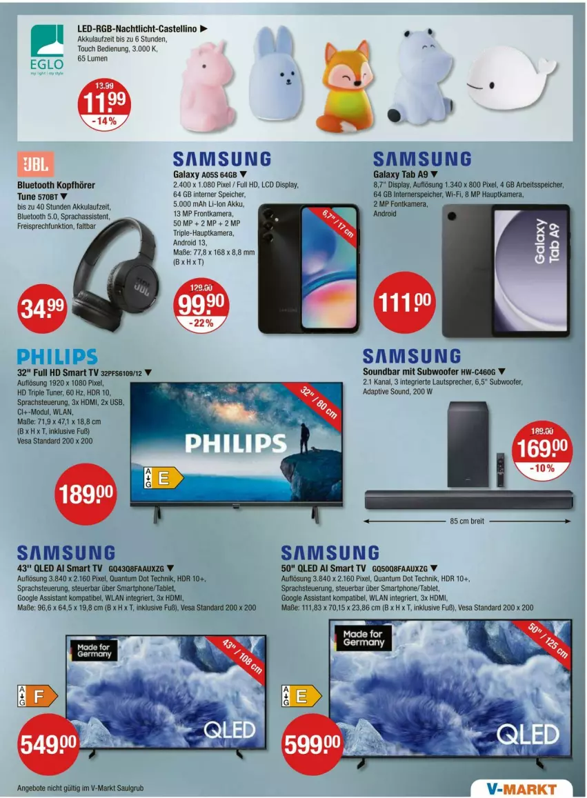 Aktueller Prospekt Vmarkt - Prospekte - von 25.09 bis 01.10.2025 - strona 19 - produkty: akku, angebot, angebote, Brei, eis, frontkamera, Germ, hauptkamera, hd triple tuner, HDMI, kamera, kopfhörer, lautsprecher, LG, Mode, Nachtlicht, Philips, qled, reis, Samsung, samsung galaxy, Samsung Galaxy A, smart tv, smartphone, soundbar, Subwoofer, tablet, Ti, tuner, usb