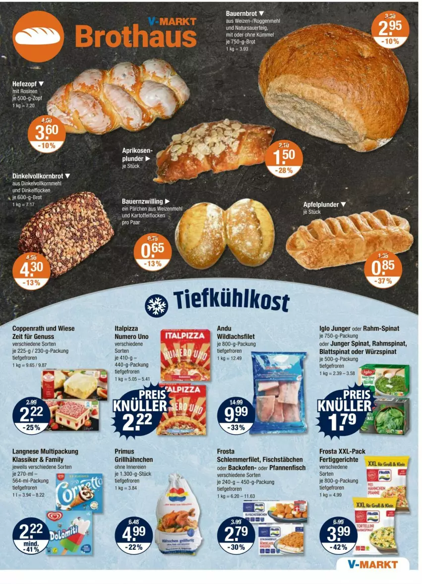 Aktueller Prospekt Vmarkt - Prospekte - von 25.09 bis 01.10.2025 - strona 5 - produkty: auer, backofen, Bau, Bauer, blattspinat, brot, coppenrath, Dinkelvollkornmehl, eier, elle, fertiggericht, fertiggerichte, filet, fisch, fischstäbchen, frosta, grill, grillhähnchen, Hefe, iglo, kartoffel, korn, Kornbrot, lachs, lachsfilet, langnese, mehl, natur, nuss, Ofen, pfanne, pfannen, pizza, rahm-spinat, schlemmerfilet, spinat, Ti, tiefkühlkost, vollkornbrot, weizenmehl, Wild, wildlachs