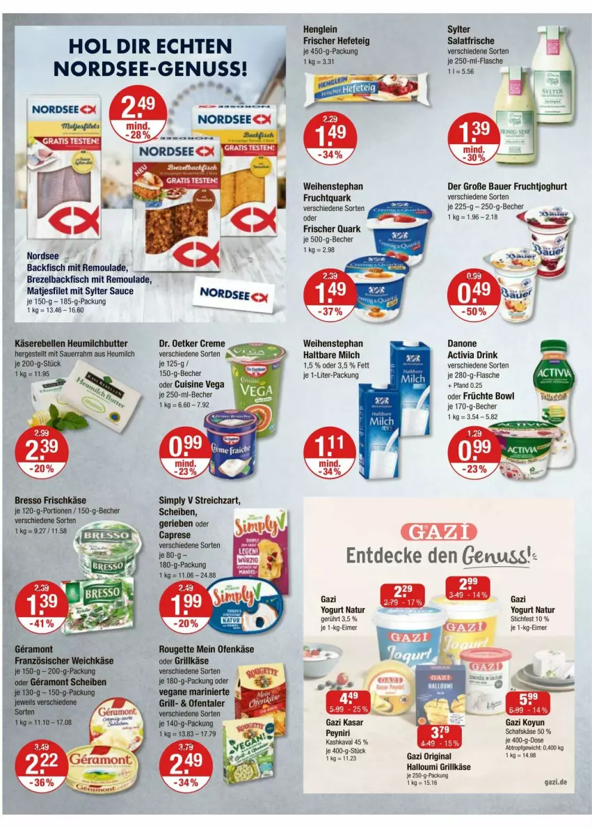 Aktueller Prospekt Vmarkt - Prospekte - von 25.09 bis 01.10.2025 - strona 6 - produkty: activia, auer, backfisch, Bau, Bauer, Becher, bresso, brezel, butter, Cap, creme, danone, Dr. Oetker, drink, eimer, elle, filet, fisch, flasche, frischkäse, frucht, früchte, fruchtjoghurt, Fruchtquark, gin, grill, Grillkäse, Halloumi, haltbare milch, henglein, Heu, heumilch, Heumilchbutter, je 250-g-packung, joghur, joghurt, Käse, Käserebellen, Kashkaval, matjes, Matjesfilet, milch, natur, Nordsee, nuss, Ofen, Ofenkäse, quark, rebell, remoulade, rouge, rougette, sauce, Sauerrahm, schafskäse, sim, Streichzart, Sylter, Ti, weihenstephan, Yo