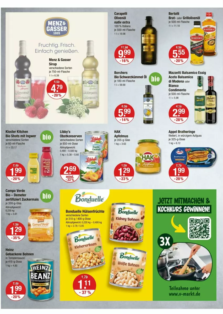 Aktueller Prospekt Vmarkt - Prospekte - von 25.09 bis 01.10.2025 - strona 8 - produkty: aceto, aceto balsamico, apfel, apfelmus, balsam, balsamico, Balsamico Essig, bertolli, bio, bonduelle, Bratheringe, Campo Verde, cocktail, condimento, elle, erde, essig, filet, flasche, frucht, früchte, grill, grillo, hering, hülsenfrüchte, ingwer, je 500-ml-flasche, Konserven, mais, Mode, obst, olive, oliven, olivenöl, ring, senf, sirup, Ti, ZTE, zucker, zuckermais