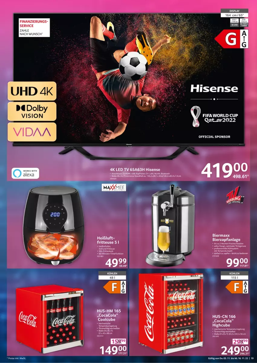 Aktueller Prospekt Selgros - Technik - von 03.11 bis 16.11.2022 - strona 19 - produkty: bier, cola, elle, fritteuse, Frittierkorb, gin, grill, hisense, korb, led tv, nuss, rel, tee, Ti, timer, türanschlag wechselbar, uhd