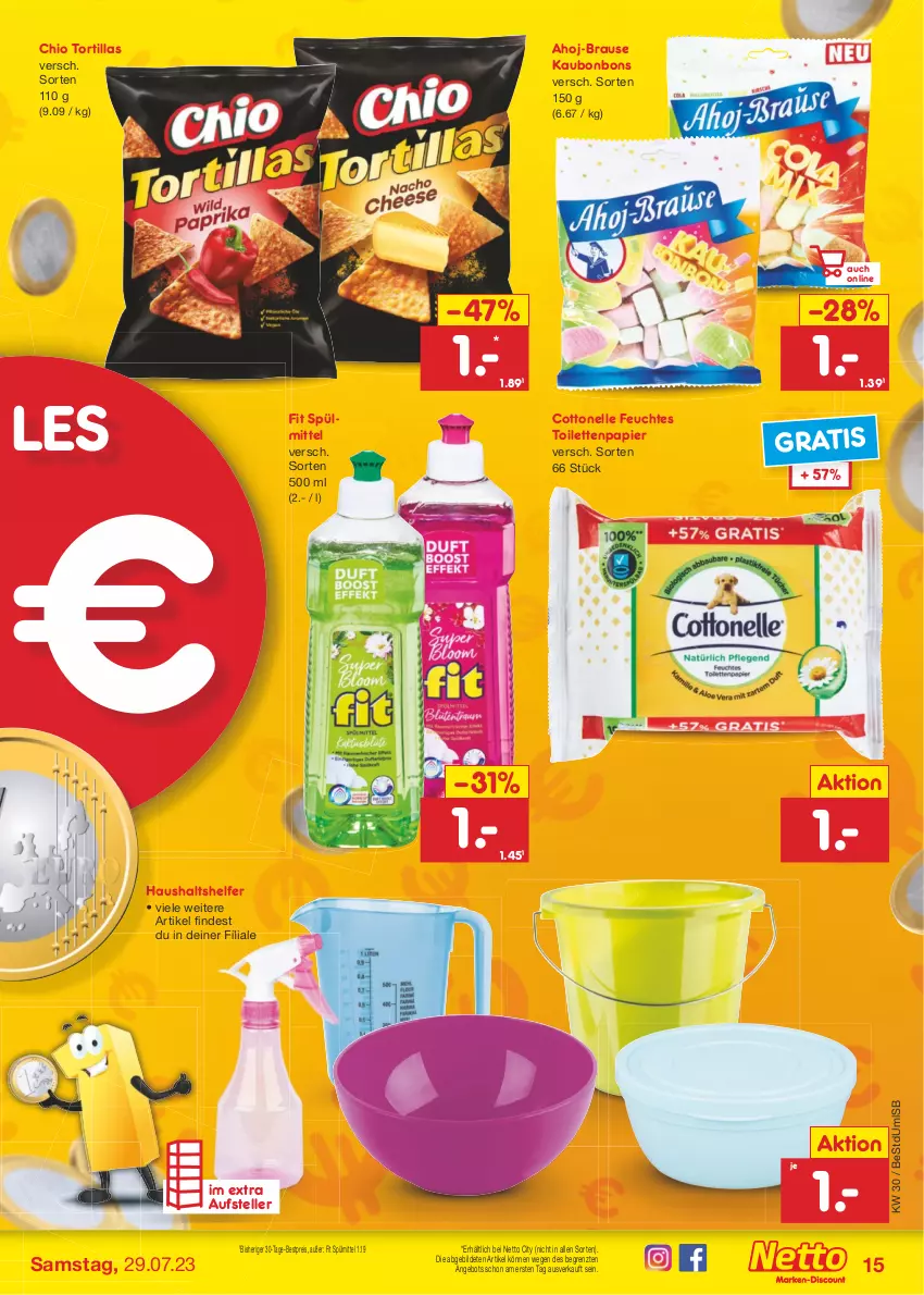 Aktueller Prospekt Netto Marken-Discount - Filial-Angebote - von 24.07 bis 29.07.2023 - strona 15 - produkty: ahoj-brause, angebot, bestpreis, bonbons, brause, cottonelle, eis, elle, feuchtes toilettenpapier, papier, reis, spülmittel, teller, Ti, toilettenpapier, tortilla, tortillas, ZTE