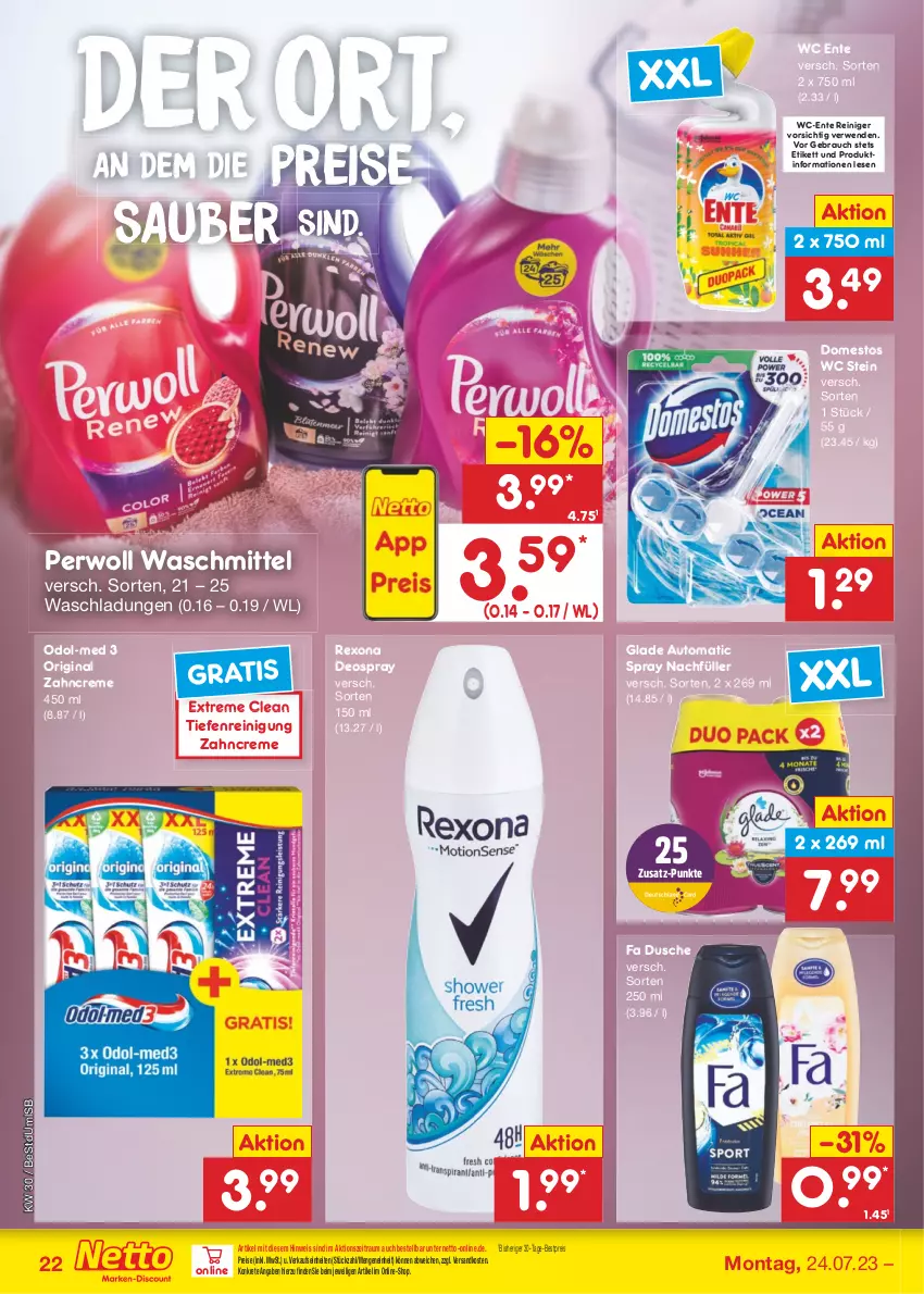 Aktueller Prospekt Netto Marken-Discount - Filial-Angebote - von 24.07 bis 29.07.2023 - strona 22 - produkty: auto, bestpreis, creme, deo, deospray, domestos, dusche, eis, ente, gin, Glade, ndk, Odol, Odol-med 3, perwoll, Rauch, reiniger, Reinigung, reis, rexona, rwe, Ti, waschmittel, wc ente, zahncreme