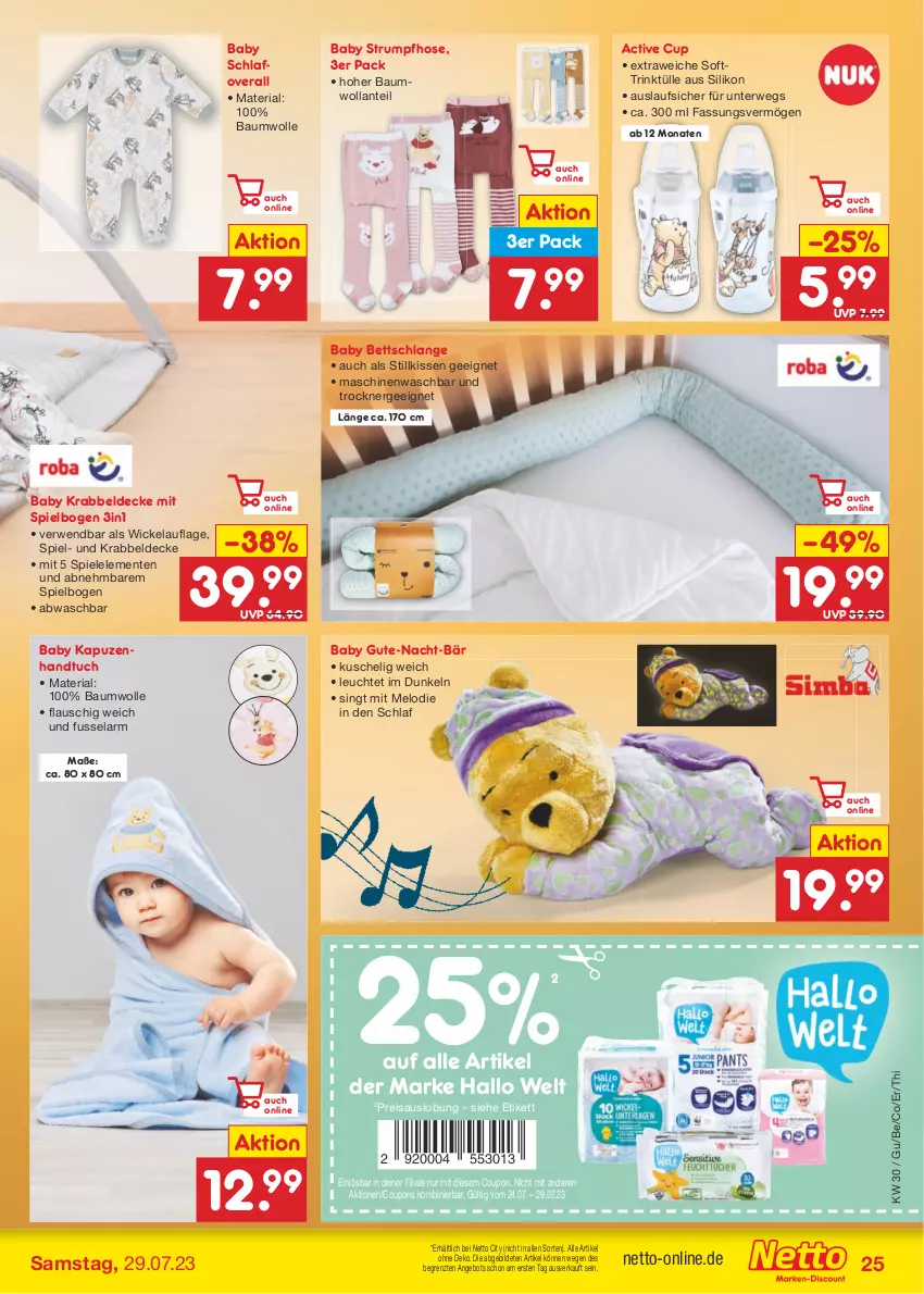 Aktueller Prospekt Netto Marken-Discount - Filial-Angebote - von 24.07 bis 29.07.2023 - strona 25 - produkty: angebot, Bau, baumwolle, bett, coupon, coupons, decke, eis, ente, Ergee, handtuch, hose, kissen, Krabbeldecke, Leuchte, Overall, reis, Ria, rum, rwe, Spiele, Strumpfhose, Ti, Trockner, tuc, WICK, wolle, ZTE