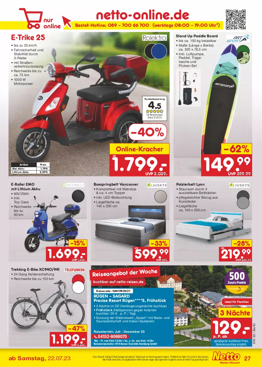 Aktueller Prospekt Netto Marken-Discount - Filial-Angebote - von 24.07 bis 29.07.2023 - strona 27 - produkty: akku, angebot, Bad, beleuchtung, bett, boxspringbett, Brei, buch, E-Bike, E-Roller, eis, Kette, kracher, led-beleuchtung, Liege, matratze, polsterbett, reis, reiseveranstalter, ring, Roller, Schal, Tasche, telefon, Ti, topper, tragetasche, uhr, Yo, ZTE