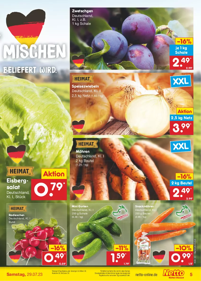 Aktueller Prospekt Netto Marken-Discount - Filial-Angebote - von 24.07 bis 29.07.2023 - strona 5 - produkty: angebot, bestpreis, beutel, eis, eisbergsalat, gurke, gurken, möhren, radieschen, reis, salat, Schal, Schale, snack, Speisezwiebeln, Ti, ZTE, zwiebel, zwiebeln