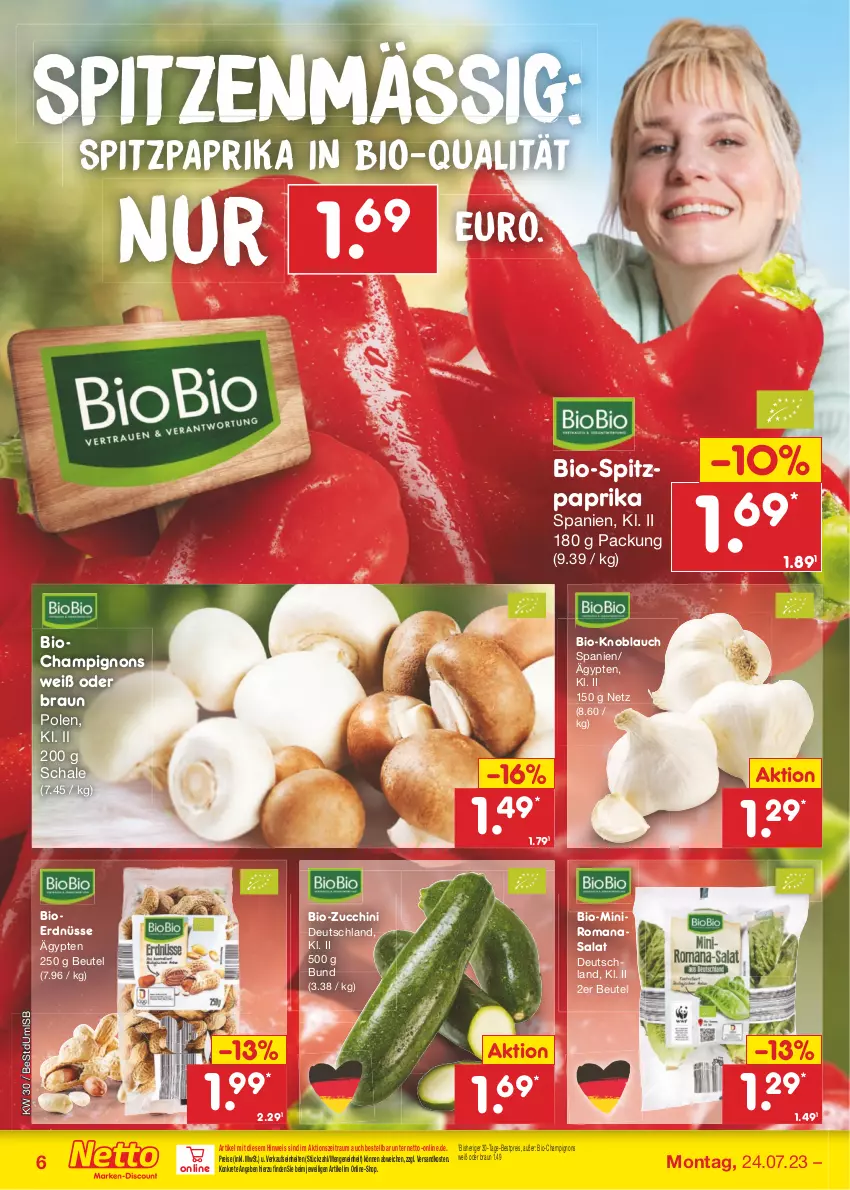 Aktueller Prospekt Netto Marken-Discount - Filial-Angebote - von 24.07 bis 29.07.2023 - strona 6 - produkty: bestpreis, beutel, bio, bio-zucchini, biobio, braun, champignon, champignons, eis, erdnüsse, knoblauch, ndk, paprika, reis, Romanasalat, salat, Schal, Schale, Spitzpaprika, Ti, zucchini