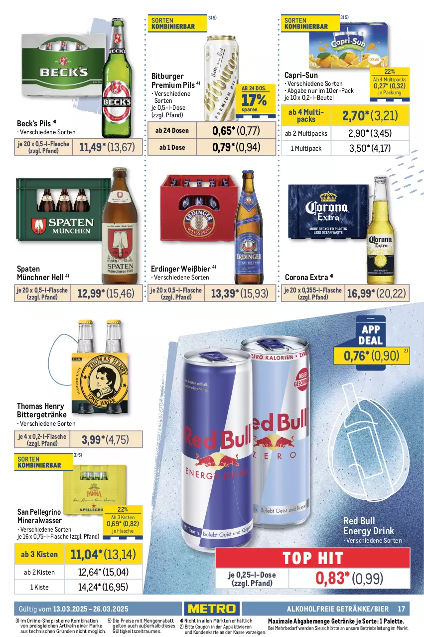 Aktueller Prospekt Metro - GastroJournal - von 12.02 bis 26.03.2025 - strona 17 - produkty: alkohol, alkoholfreie getränke, Alwa, beutel, bier, bitburger, bohne, burger, cantuccini, Cap, capri-sun, cin, corona, corona extra, coupon, drink, eis, elle, energy drink, erdinger, erdnüsse, espresso, filterkaffee, flasche, getränk, getränke, kaffee, kakao, kräuter, lavazza, melitta, Meßmer, Metro, milka, mineralwasser, Palette, pils, premium pils, red bull, reis, salz, san pellegrino, Spaten, tee, thomas henry, Ti, tiefpreis, tuc, ültje, ültje erdnüsse, wasser, ZTE