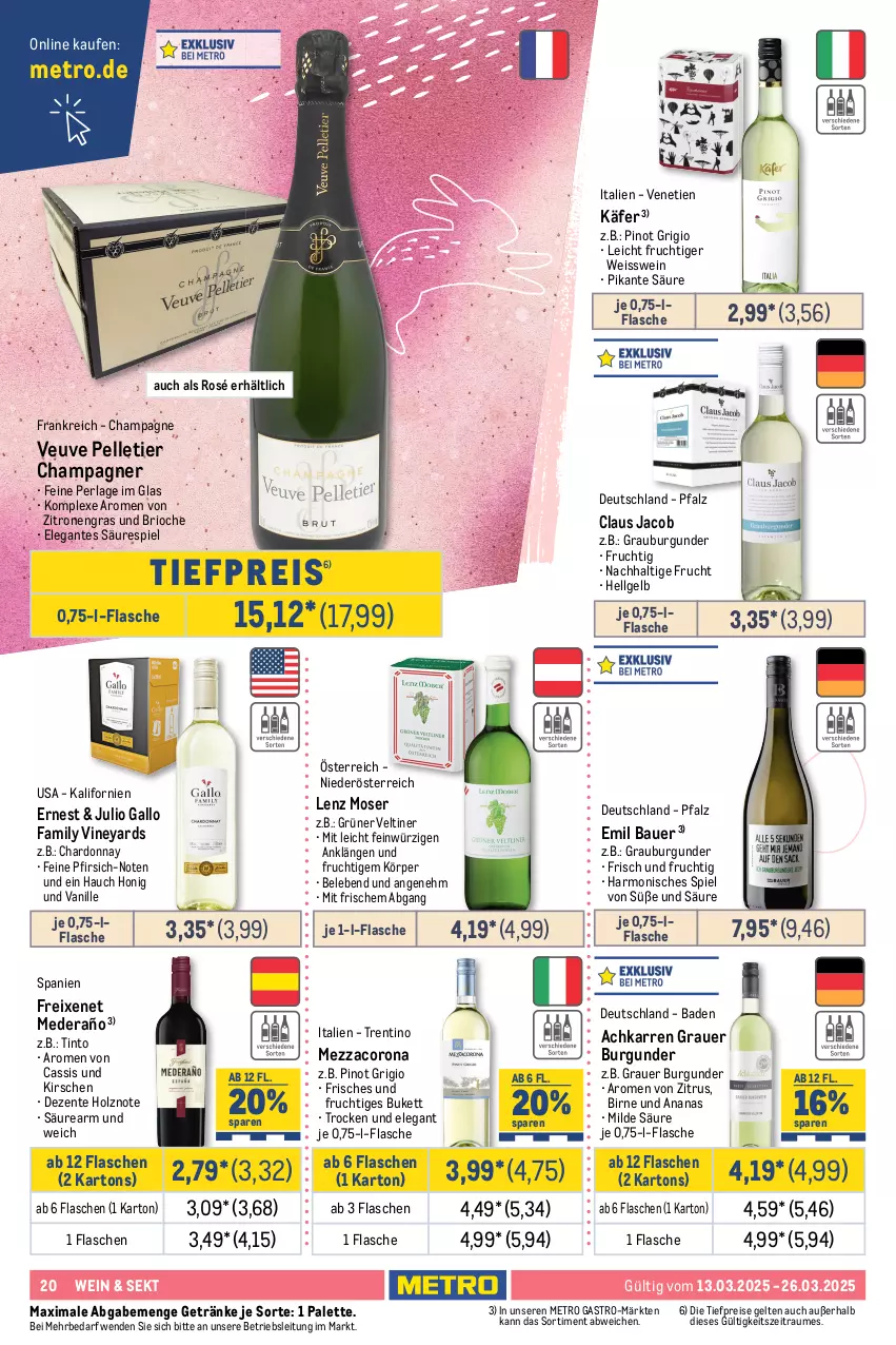 Aktueller Prospekt Metro - GastroJournal - von 12.02 bis 26.03.2025 - strona 20 - produkty: ananas, aperitif, auer, Bad, Bau, Bauer, brut, burgunder, cassis, Cava, champagne, champagner, chardonnay, corona, cuvée, ecco, eis, elle, ente, flasche, freixenet, frizzante, frucht, früchte, früchten, gallo, gallo family, getränk, getränke, grauburgunder, grauer burgunder, Holz, honig, honigmelone, käfer, kirsch, kirsche, kirschen, La Gioiosa, Lenz Moser, LG, mac, melone, Metro, metro gastro, mezzacorona, mm extra, moser, Palette, perla, pfirsich, Pinot, pinot grigio, prosecco, reis, Ria, rotkäppchen, sac, Schal, Schale, sekt, Ti, tiefpreis, tisch, trauben, vanille, wein, zitrone, zitronen