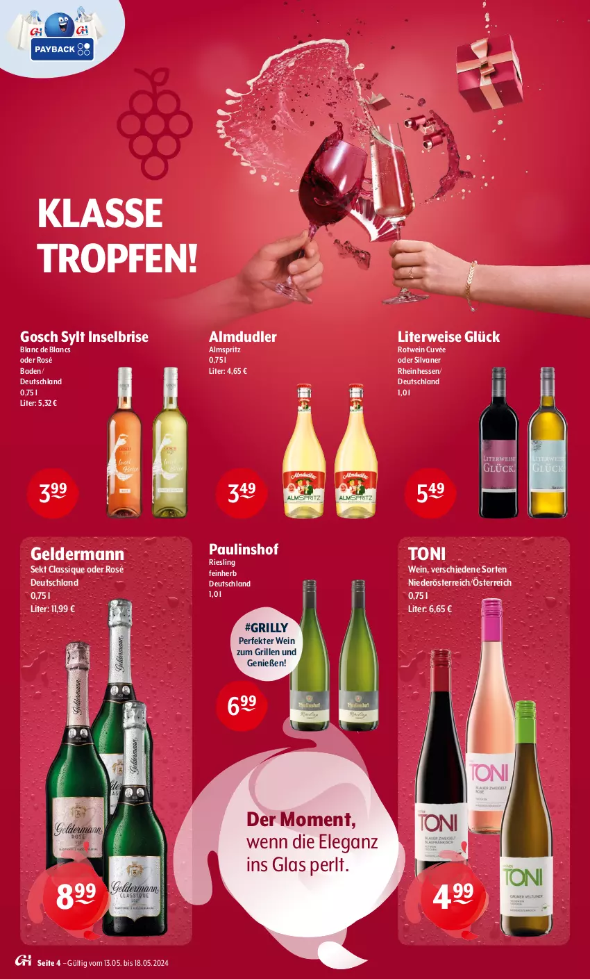 Aktueller Prospekt Getraenke Hoffmann - Prospekte - von 13.05 bis 18.05.2024 - strona 4 - produkty: almdudler, Bad, cuvée, de blancs, eis, geldermann, grill, riesling, rotwein, rwe, sekt, silvaner, Ti, wein