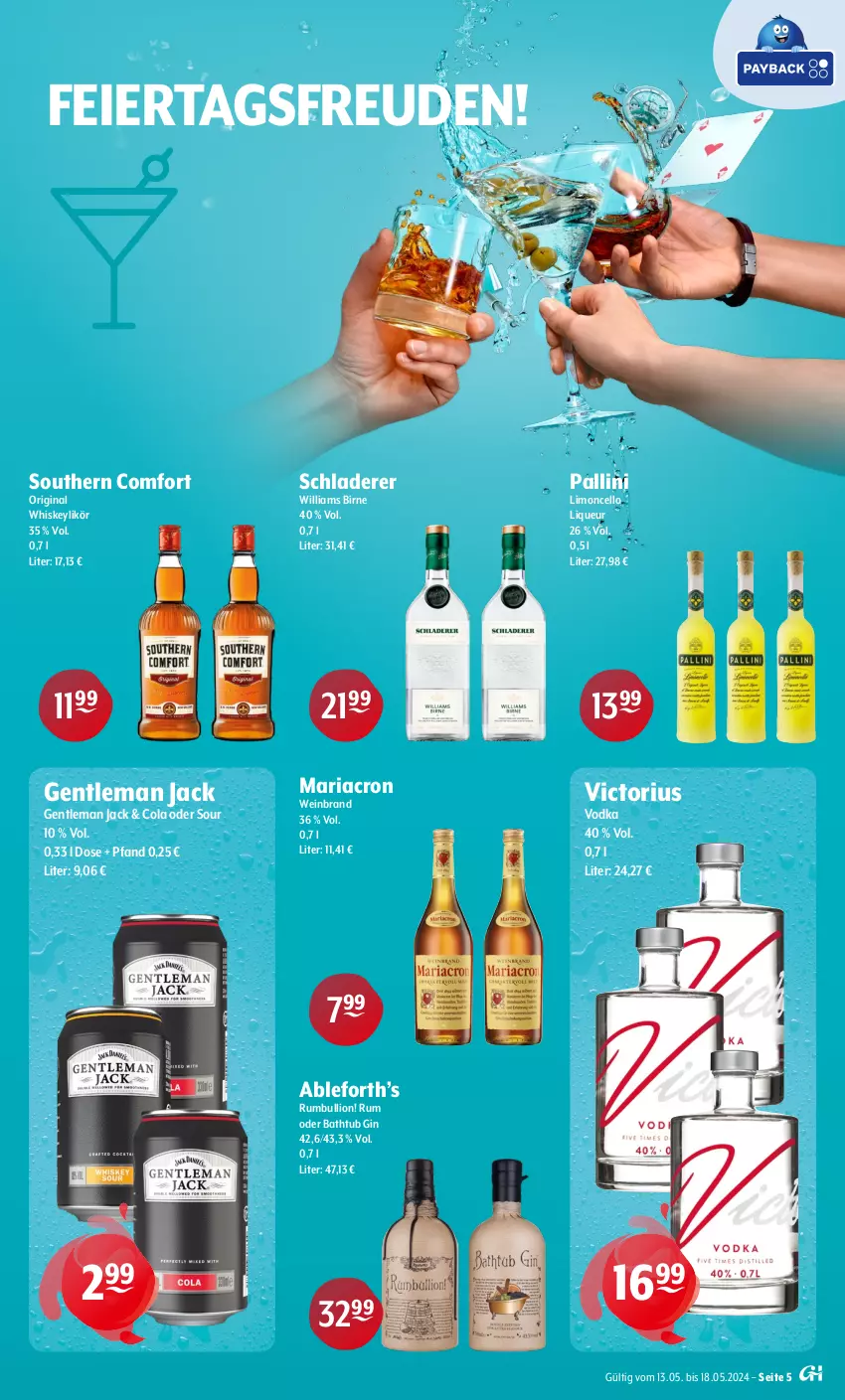 Aktueller Prospekt Getraenke Hoffmann - Prospekte - von 13.05 bis 18.05.2024 - strona 5 - produkty: cola, eier, gin, likör, limo, lion, liqueur, mariacron, Ria, rum, Schladerer, Southern Comfort, Ti, vodka, wein, weinbrand, whiskey, Williams Birne