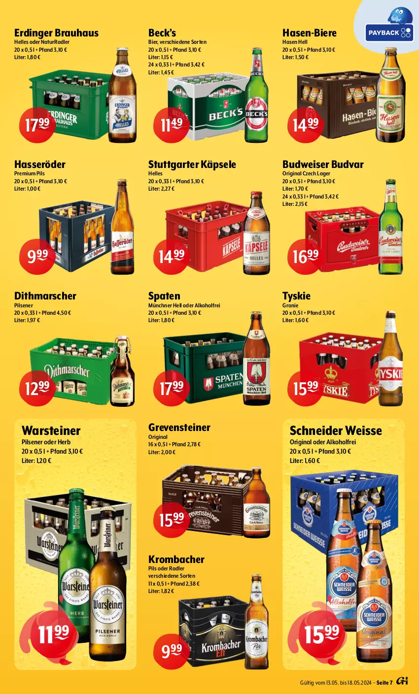 Aktueller Prospekt Getraenke Hoffmann - Prospekte - von 13.05 bis 18.05.2024 - strona 7 - produkty: alkohol, bier, Biere, budweiser, eis, elle, erdinger, gin, grevensteiner, hasseröder, krombache, krombacher, krombacher pils, mars, natur, oder radler, pils, pilsener, premium pils, radler, Spaten, steiner, Ti, tyskie, warsteiner