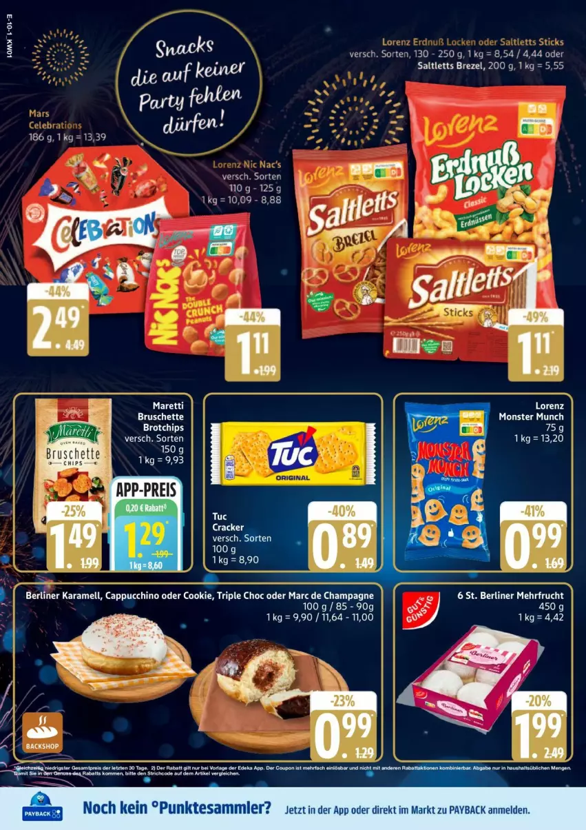 Aktueller Prospekt Edeka - Prospekte - von 30.12.2026 bis 03.01.2027 - strona 12 - produkty: berliner, brezel, brot, Bruschette, Cap, champagne, chips, cookie, cracker, karamell, lorenz, payback, saltletts, snack, snacks, tee, tesa, Ti, tuc