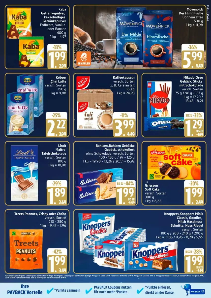 Aktueller Prospekt Edeka - Prospekte - von 30.12.2026 bis 03.01.2027 - strona 13 - produkty: bahlsen, banane, bananen, eis, getränk, getränke, getränkepulver, haselnuss, kaffee, kaffeekapseln, kakao, knoppers, latte, LG, lindt, milch, nuss, payback, reis, riegel, schoko, schokolade, tafelschokolade, Ti