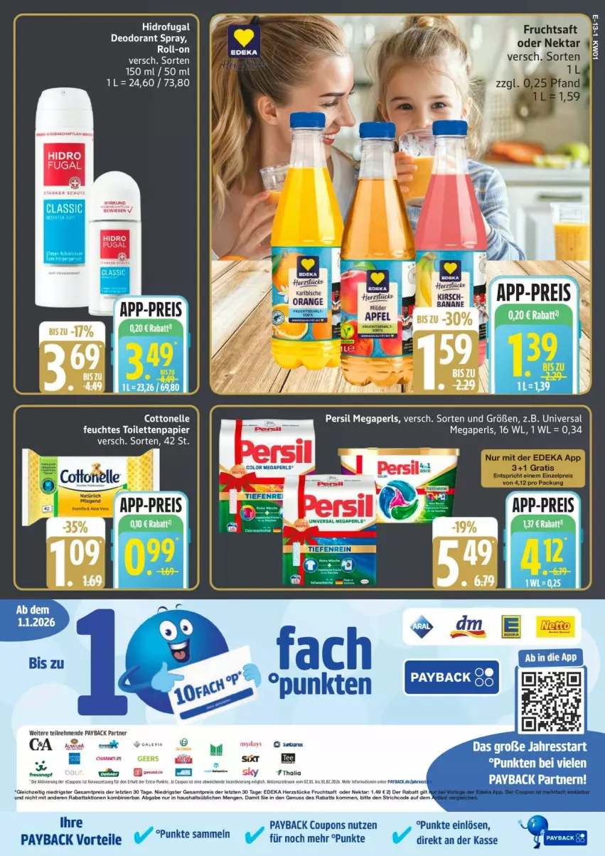 Aktueller Prospekt Edeka - Prospekte - von 30.12.2026 bis 03.01.2027 - strona 15 - produkty: apfel, banane, cottonelle, coupon, coupons, deka, deo, deodorant, eis, elle, feuchtes toilettenpapier, frucht, fruchtsaft, kirsch, megaperls, Nektar, orange, papier, payback, persil, reis, saft, tee, Ti, toilettenpapier, universal megaperls, ZTE